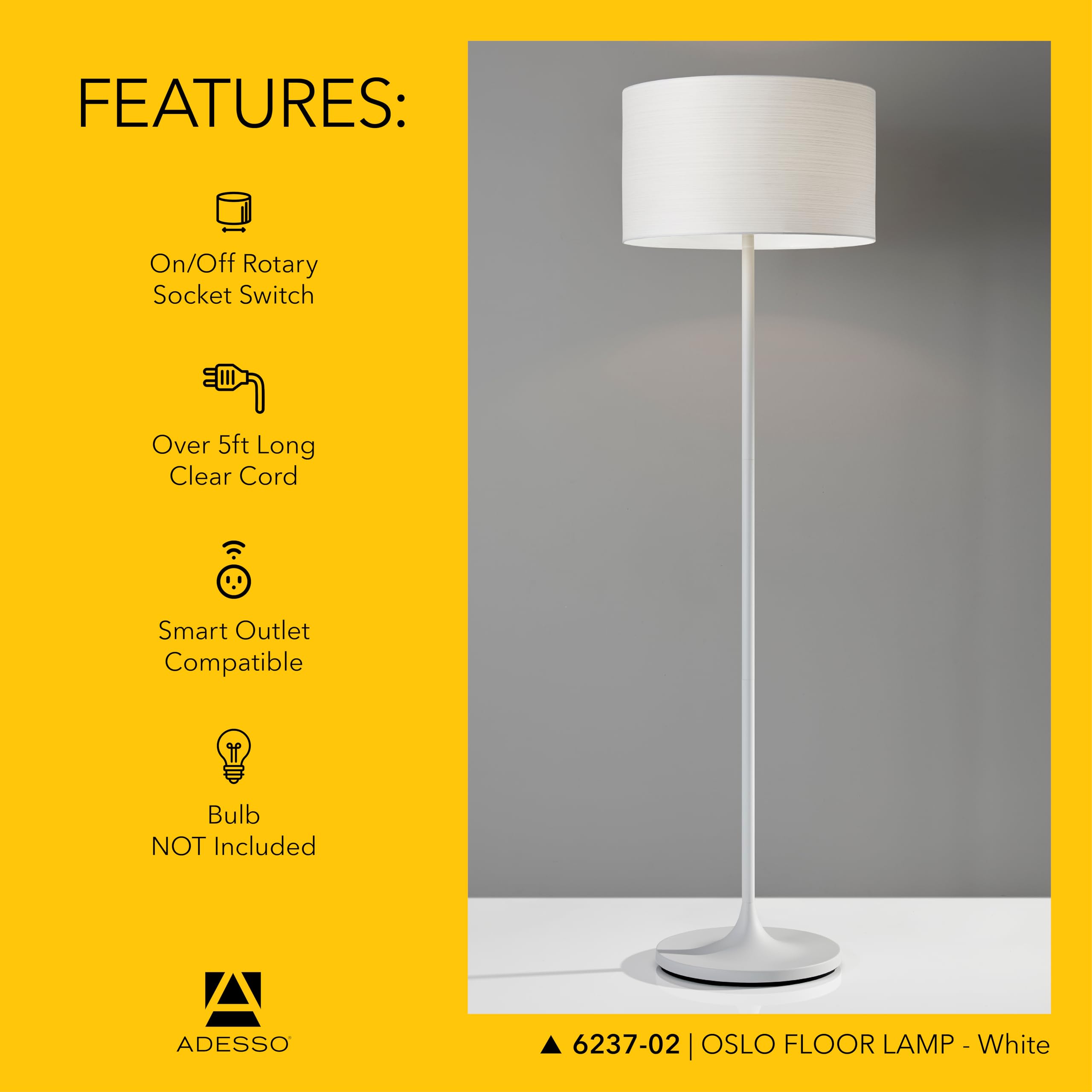 Adesso Floor Lamp - Scratch Proof, Corrosion Resistant, Matte White, Model 6237-02, Ideal for Bedroom and Living Room Decor