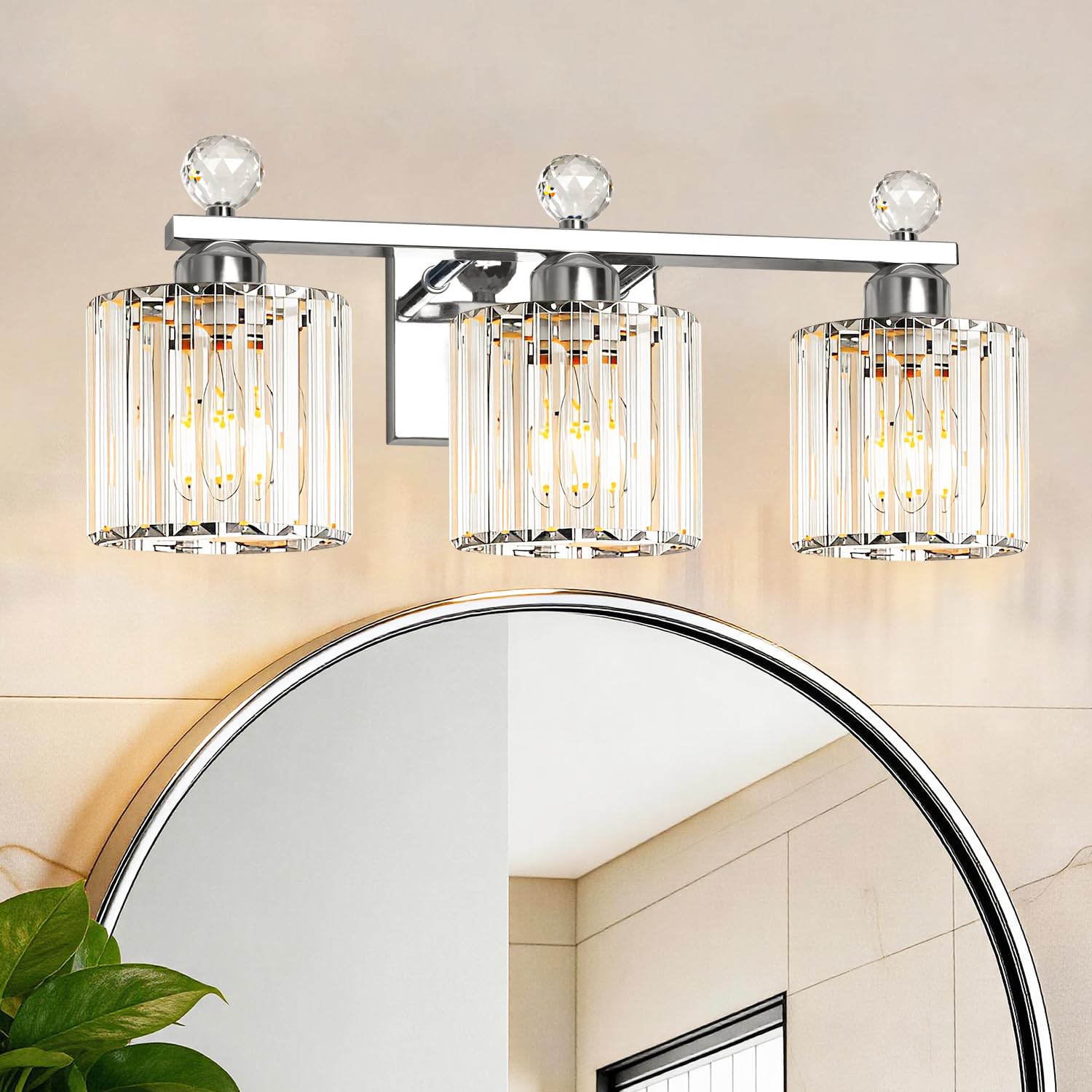 Modern Crystal Bathroom Vanity Light  3-Lights Bathroom Light Fixtures  Chrome Vanity Light Fixtures over Mirror  Easy Installation & Dimmable Lighting  Crystal Wall Light Fixtures for Bathroom