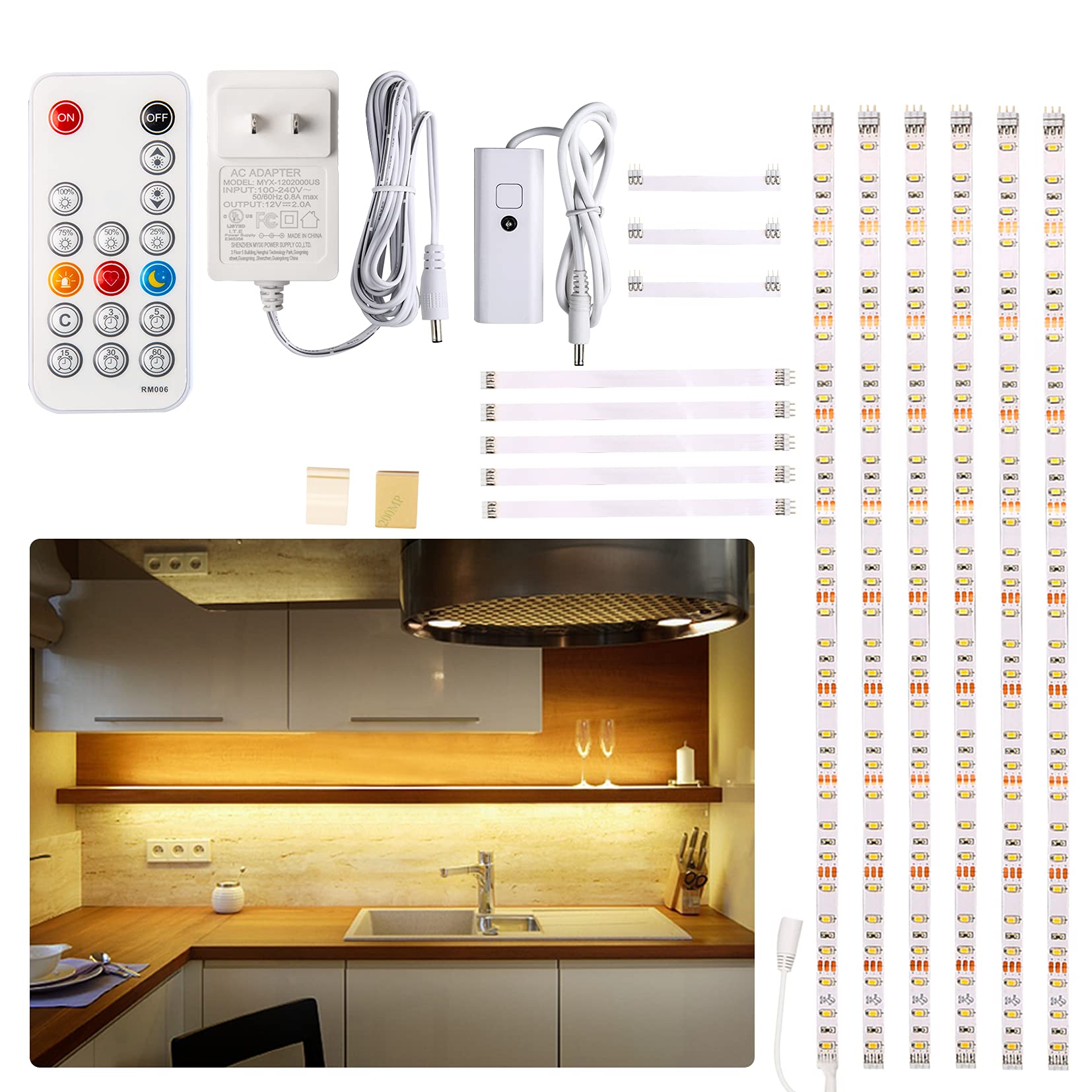 Wobane Under Cabinet Led Lighting Kit, 6 Pcs Warm White Strip Lights, Dimmable, 6X20 Inch, Model Led Cabinet Light Cs6