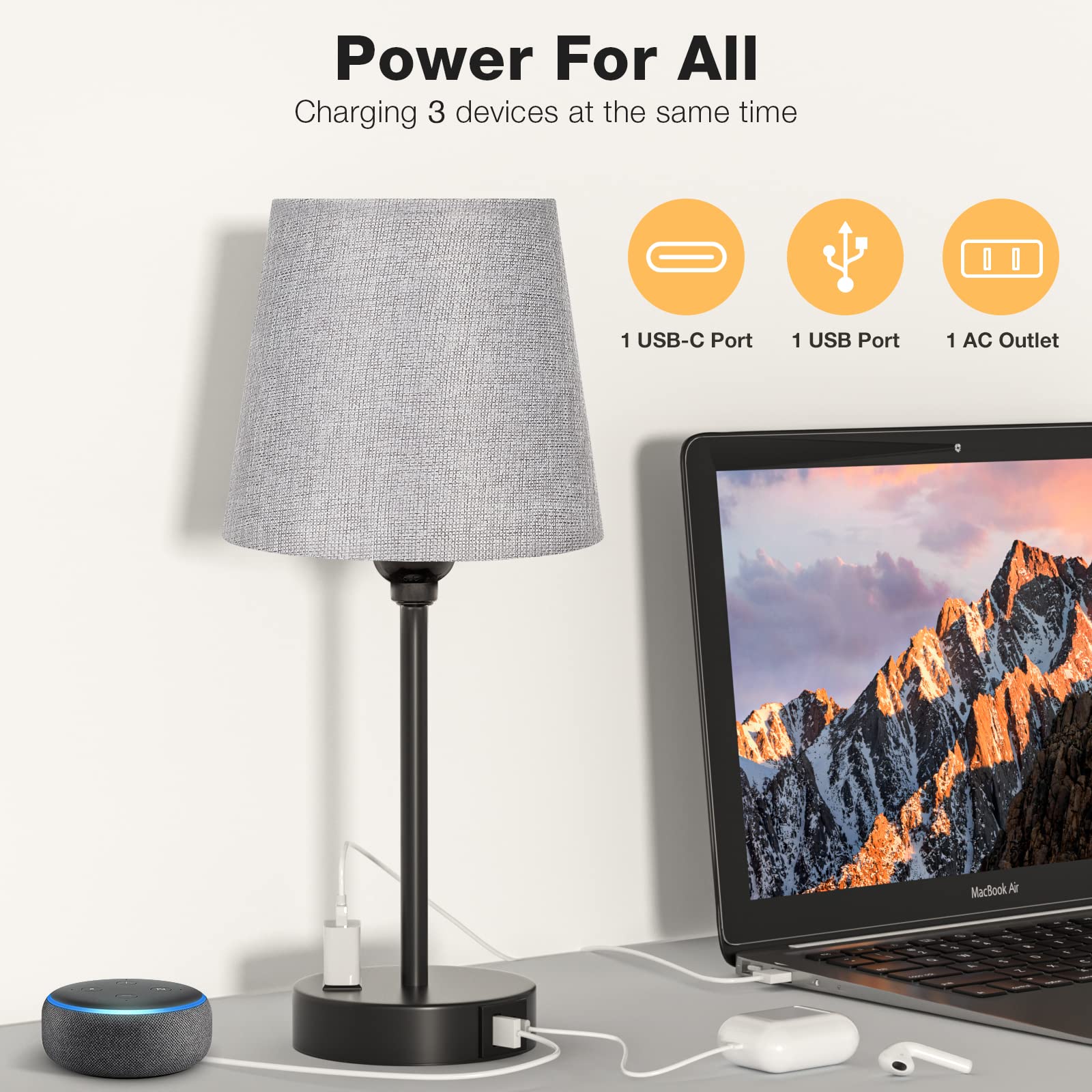 Grey Bedside Lamps For Bedrooms Set Of 2 - Nightstand Bedroom Lamp With Usb C Port And Ac Outlet Charging, 3 Way Dimmable Touch