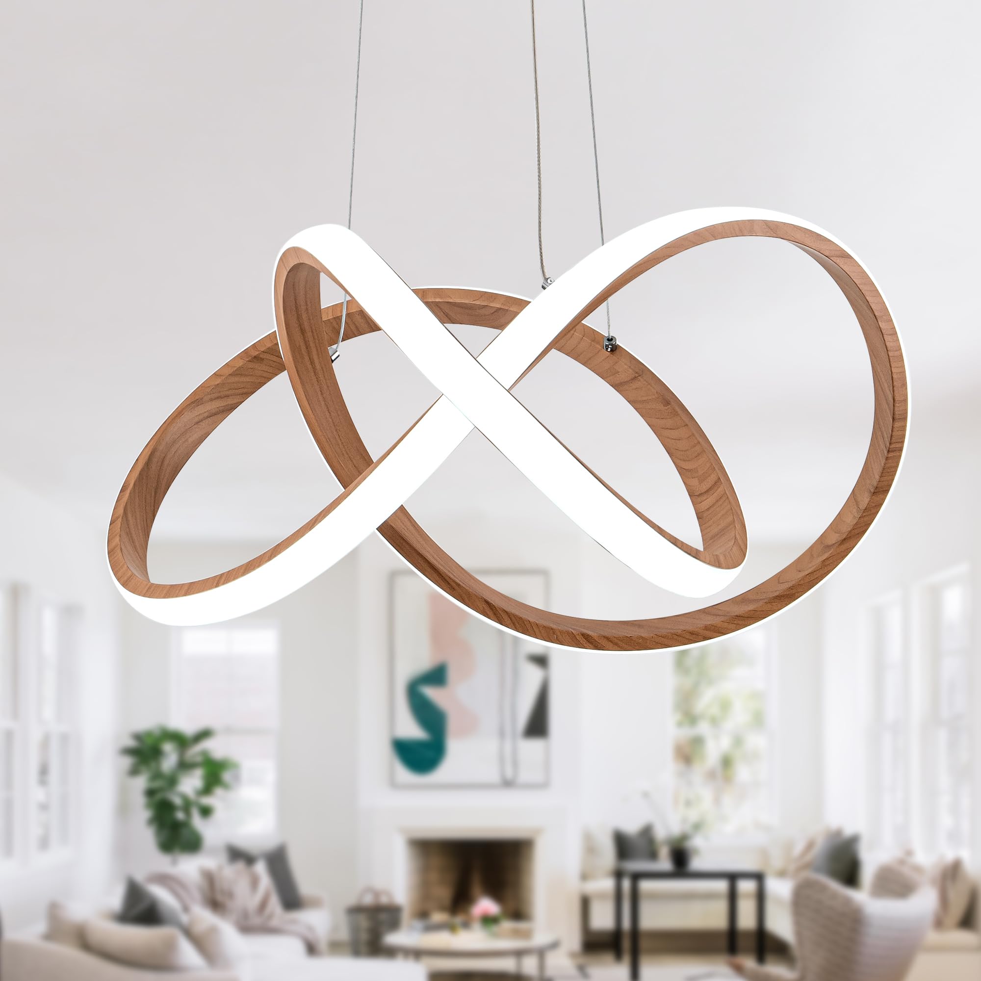 Mayna Modern Led Chandelier, Led Pendant Light In Wood Finish, Adjustable Height Chandeliers With Irregular Ring, Modern Chandeliers For Dining Room Kitchen Island Living Room Bedroom, 6000K Daylight