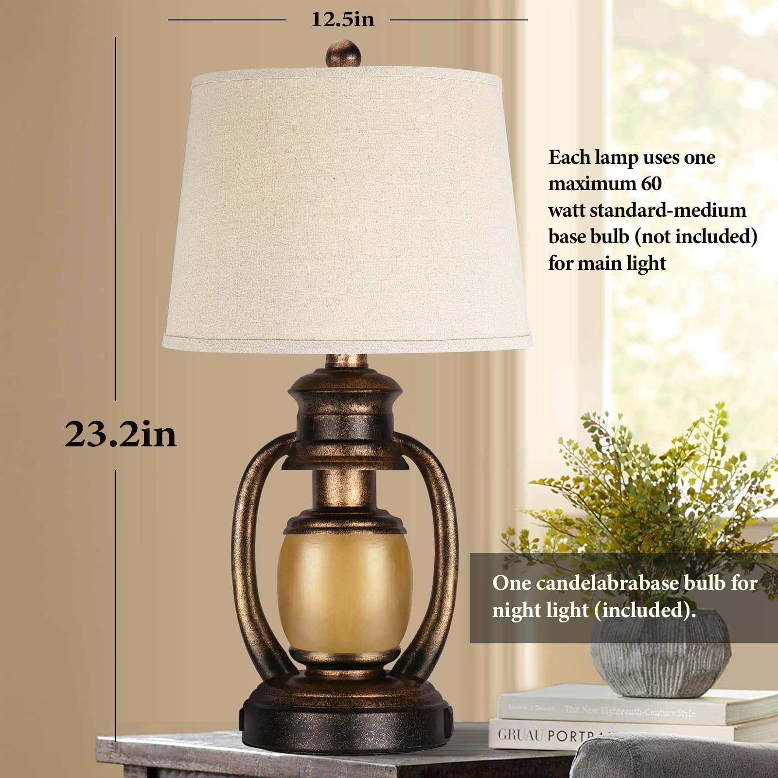 Hamucd Rustic Table Lamps For Living Room Single Lantern Bedside Lamps With Oatmeal Tapered Drum Shades For End Table Bedroom Ni