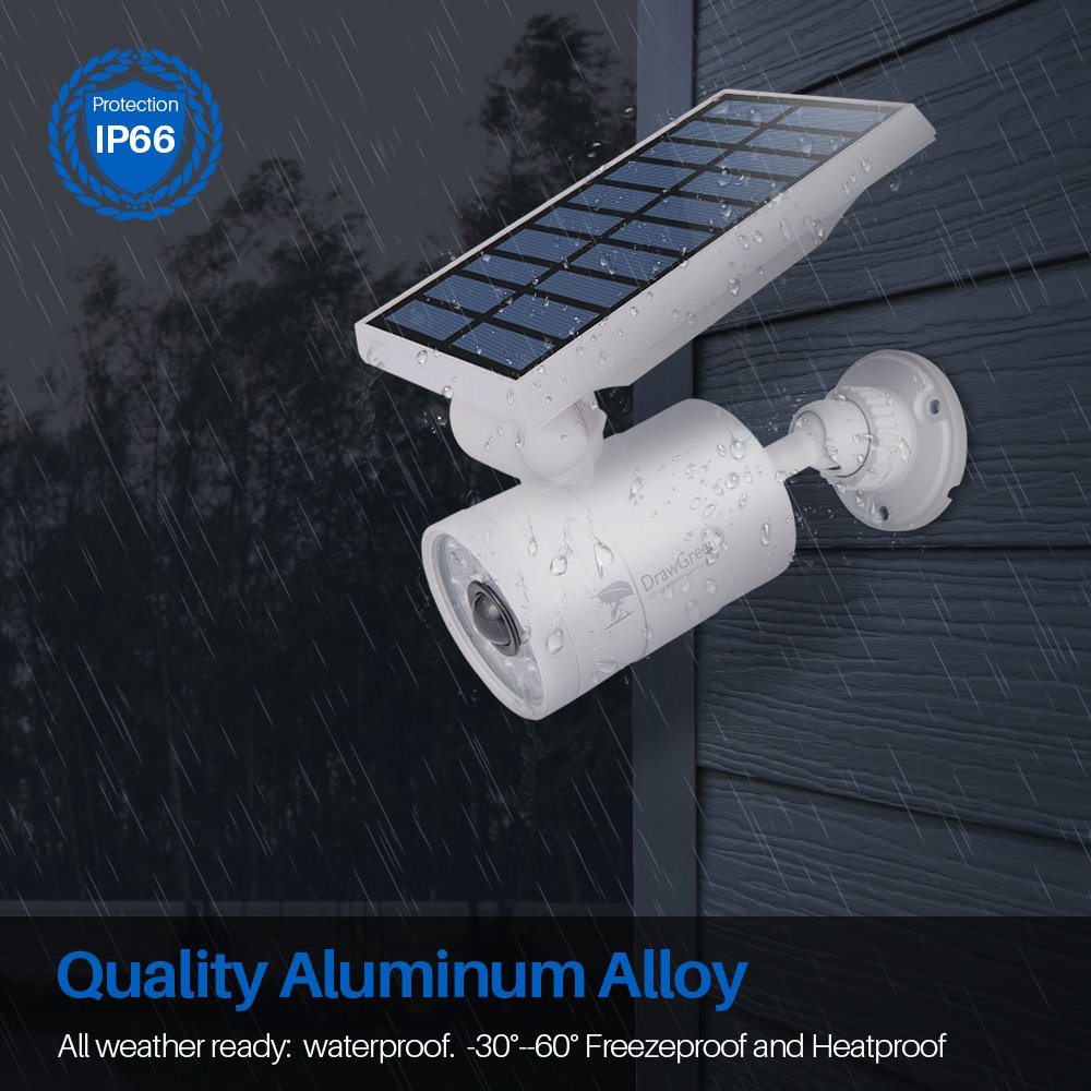DrawGreen Outdoor Solar Powered Motion Flood Light, Waterproof Aluminum, White, Model DG08-S2-W, Ideal for Pathways and Patios