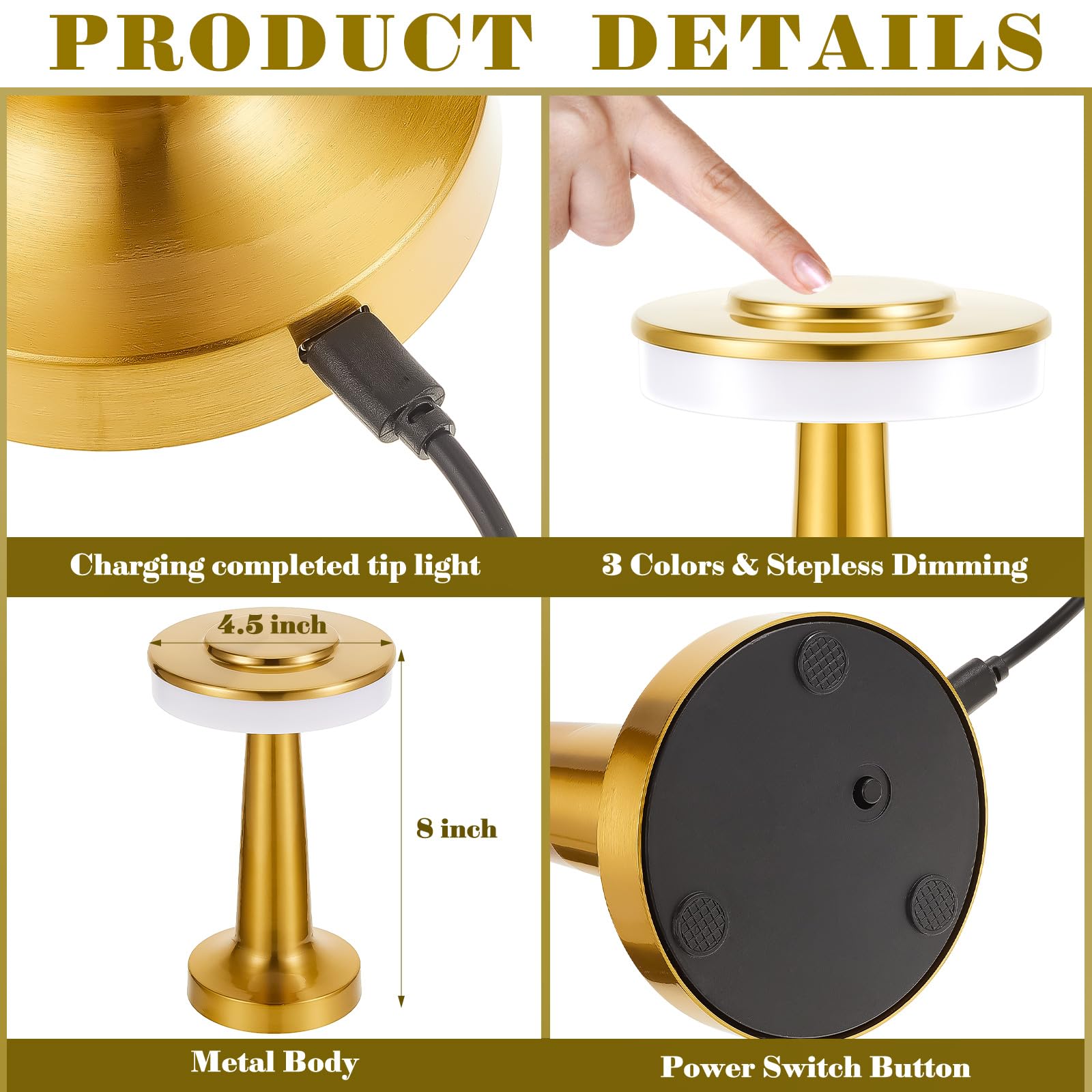 Riakrum LED Portable Metal Table Lamp, Touch Sensor, 3 Color Dimming, Rechargeable, Cordless, Gold