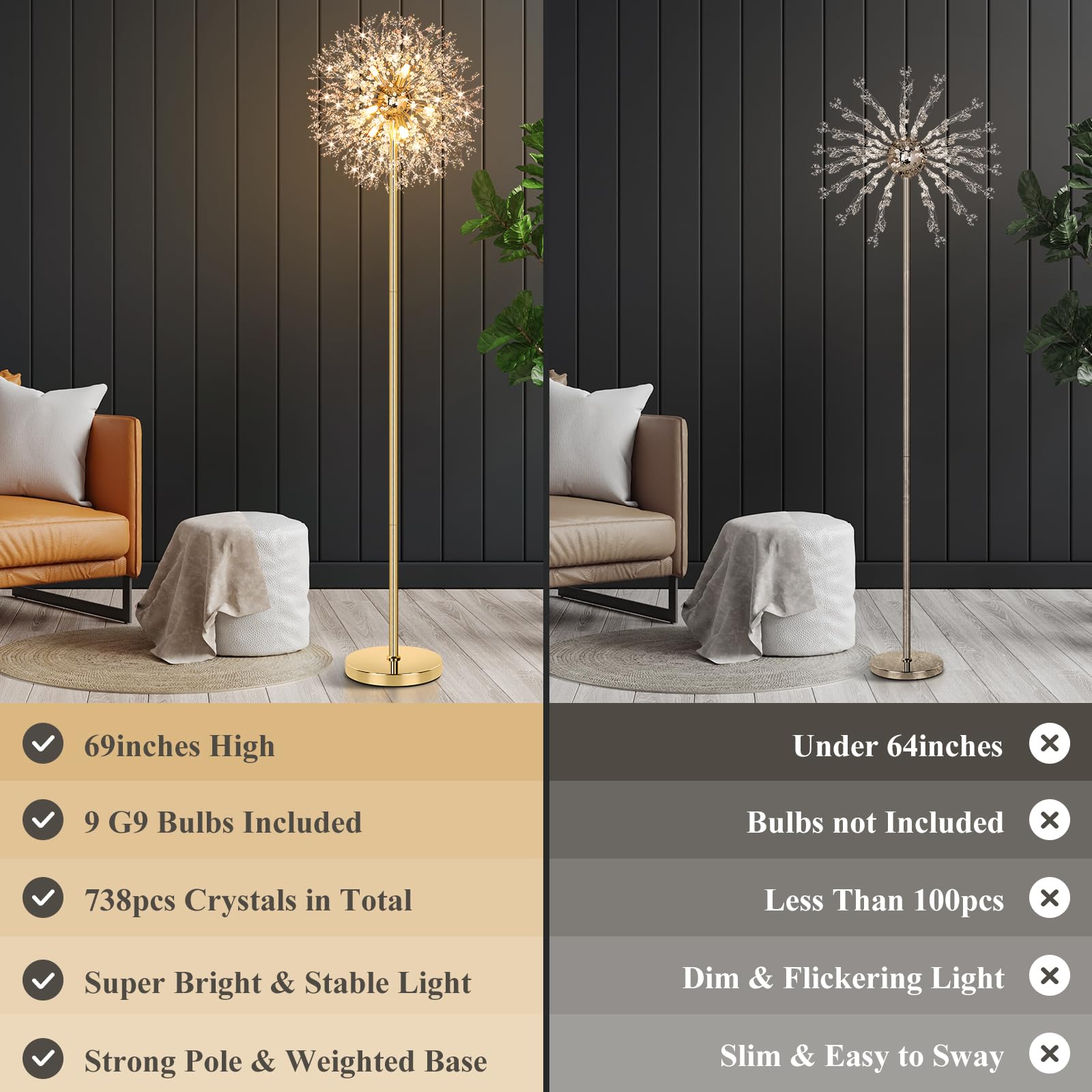 Beslowe 69'' Crystal Floor Lamp, Modern Gold Standing Light With 738 K9 Crystals & 9 Led Bulbs