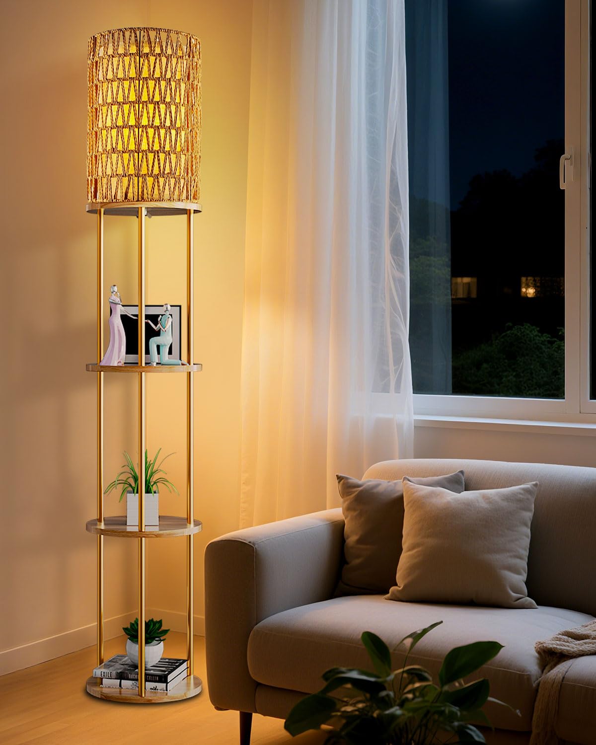 Lightdot 61 Rattan Floor Lamp with Shelves, 3-Tier Storage Shelves with 3000K Bulb Included, Solid Wood Design, Corner Bookshelf