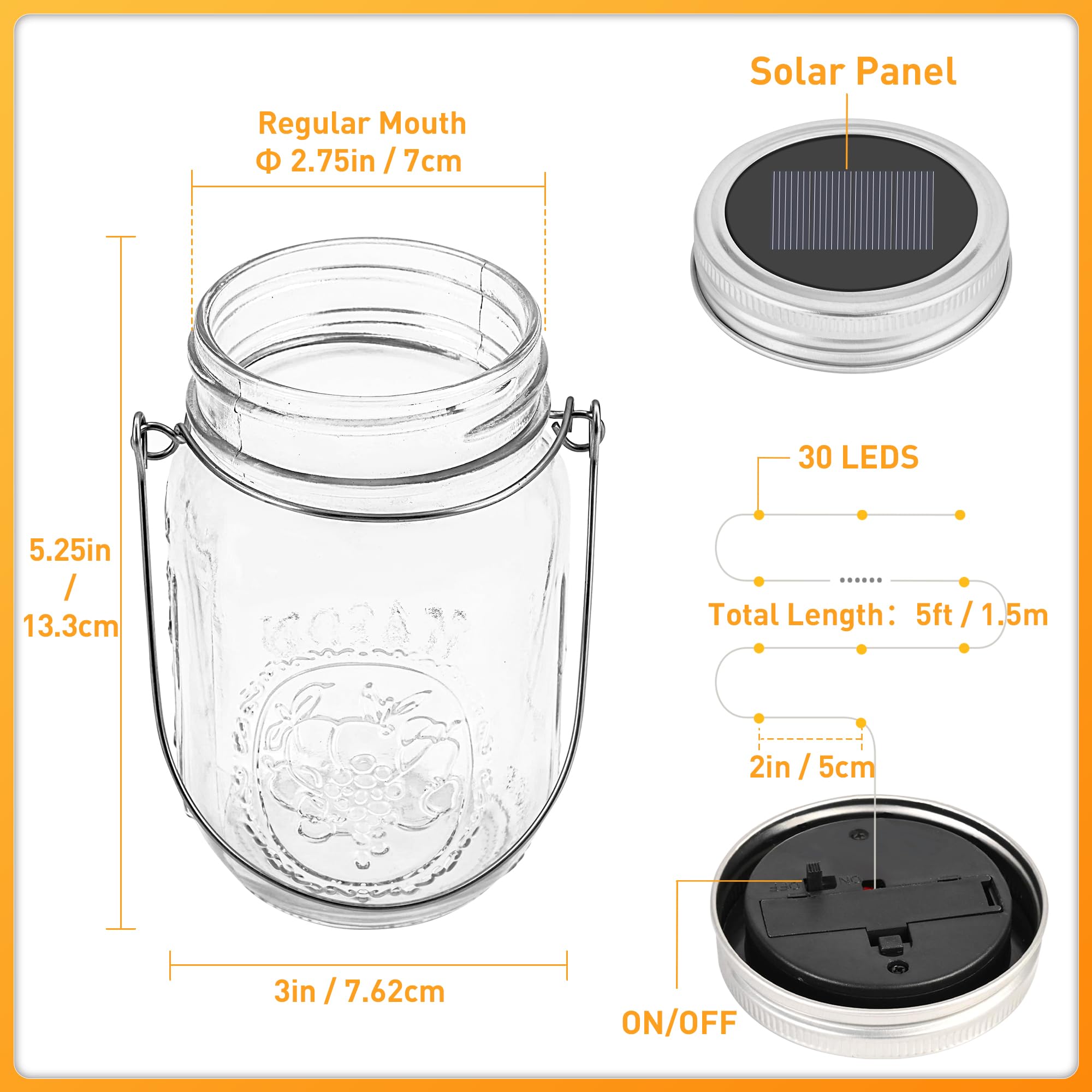 Gigalumi Solar Mason Jar Lights, 12 Pack 30 Led String Fairy Lights Garden Lights Outdoor Waterproof Metal Lid Hanging Solar Lan