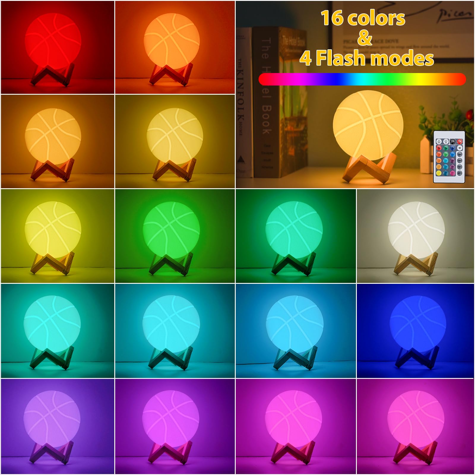 Balkwan Basketball Night Light, 16 Colors, Dimmable, Remote Control, 5.9in, Multicolor, Model Basketball001