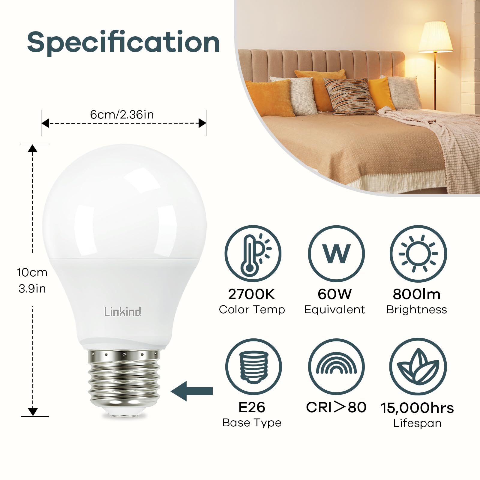 Linkind A19 LED Light Bulb, 9W 2700K Soft White, 800 Lumens, E26 Base, Energy Efficient, 12 Pack