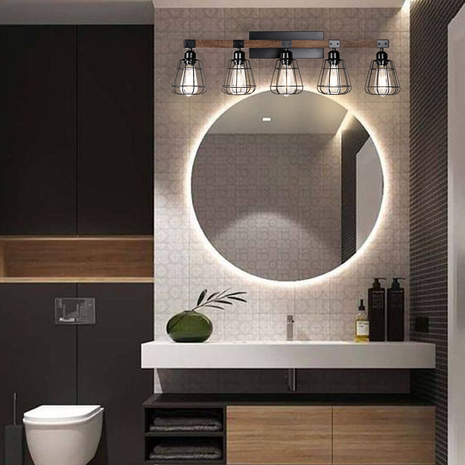 TELAFLY Modern Wall Lighting Fixture - 5-Light Metal Cage Sconce, Black Finish, Ideal for Bathroom Vanity or Mirror