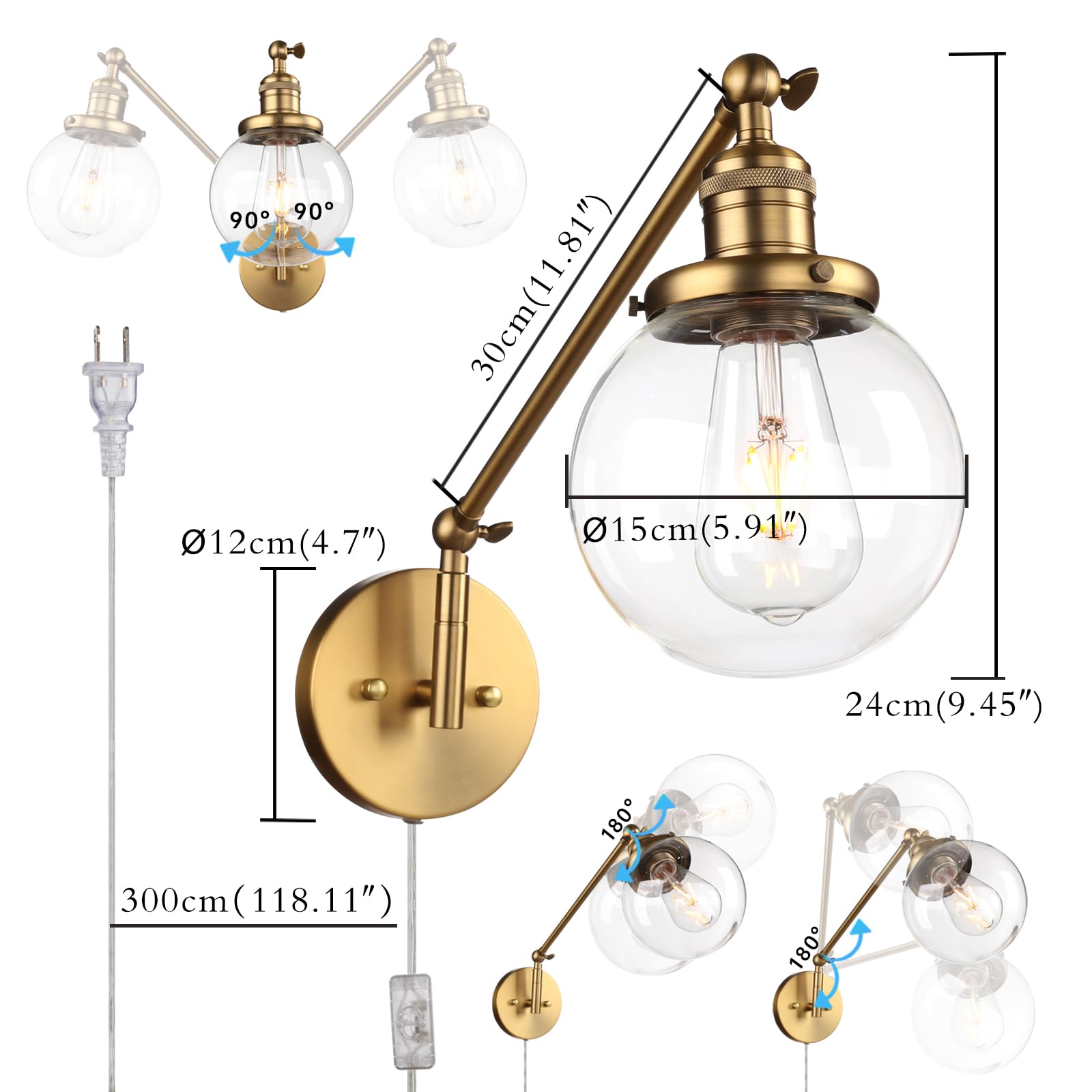 Permo Plug In Wall Sconce Swing Arm Wall Lamp Industrial Sconce With 5.9 Glass Globe Shade For Bedroom, Living Room, Office (Ant