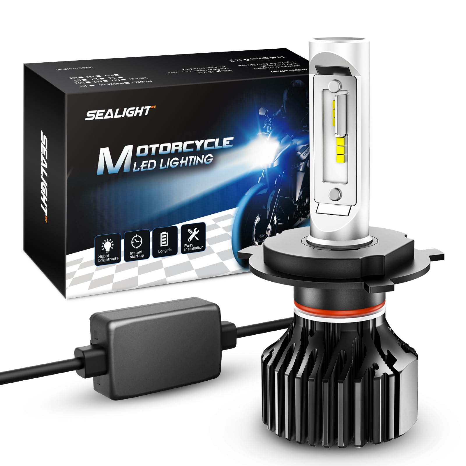 SEALIGHT H4 Motorcycle Bulbs 22000LM, Plug and Play, Fog Lights, Model X1 M1H4, White, 1 Pack
