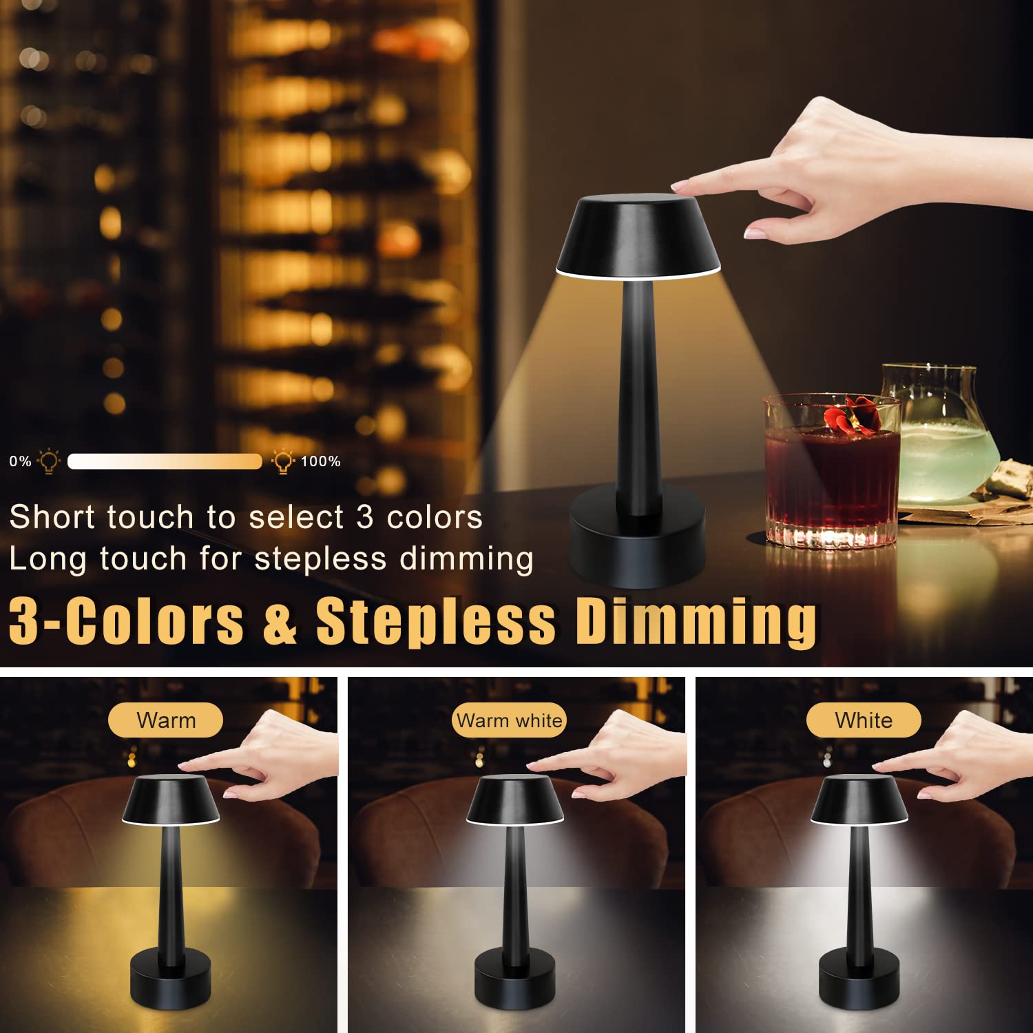 UMEXUS Rechargeable Small Cordless Table Lamp, LED Touch 3 Color Dimming, Metal, Black 2 Pack, Model RG-15825