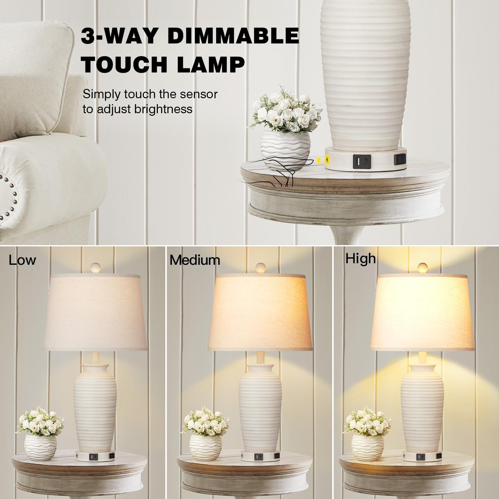 CINSARY 25in Farmhouse Table Lamps Set of 2, 3 Way Touch Control, USB A+C Ports, Gray Resin, LED Bulbs Included