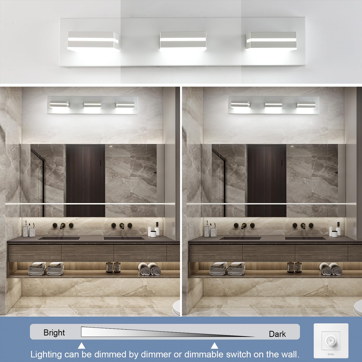 SineRise LED Bathroom Vanity Light Fixture, 3-Light, 24-Inch, Dimmable, Matte White, Model H0001-14