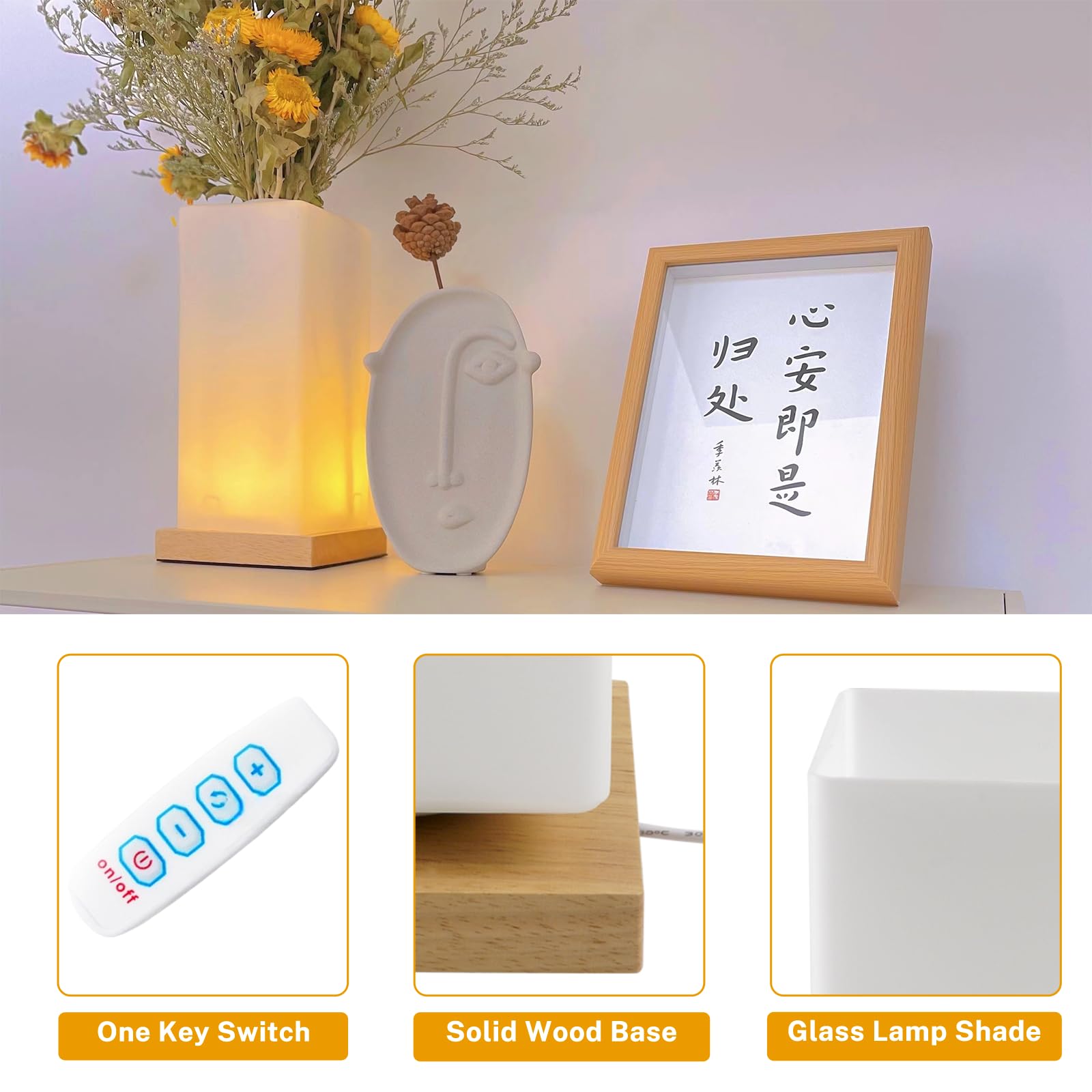 Floresita Dimmable Table Lamp - Frosted Glass Shade, Wood Base, USB Charge, 3 Colors, Model 1001