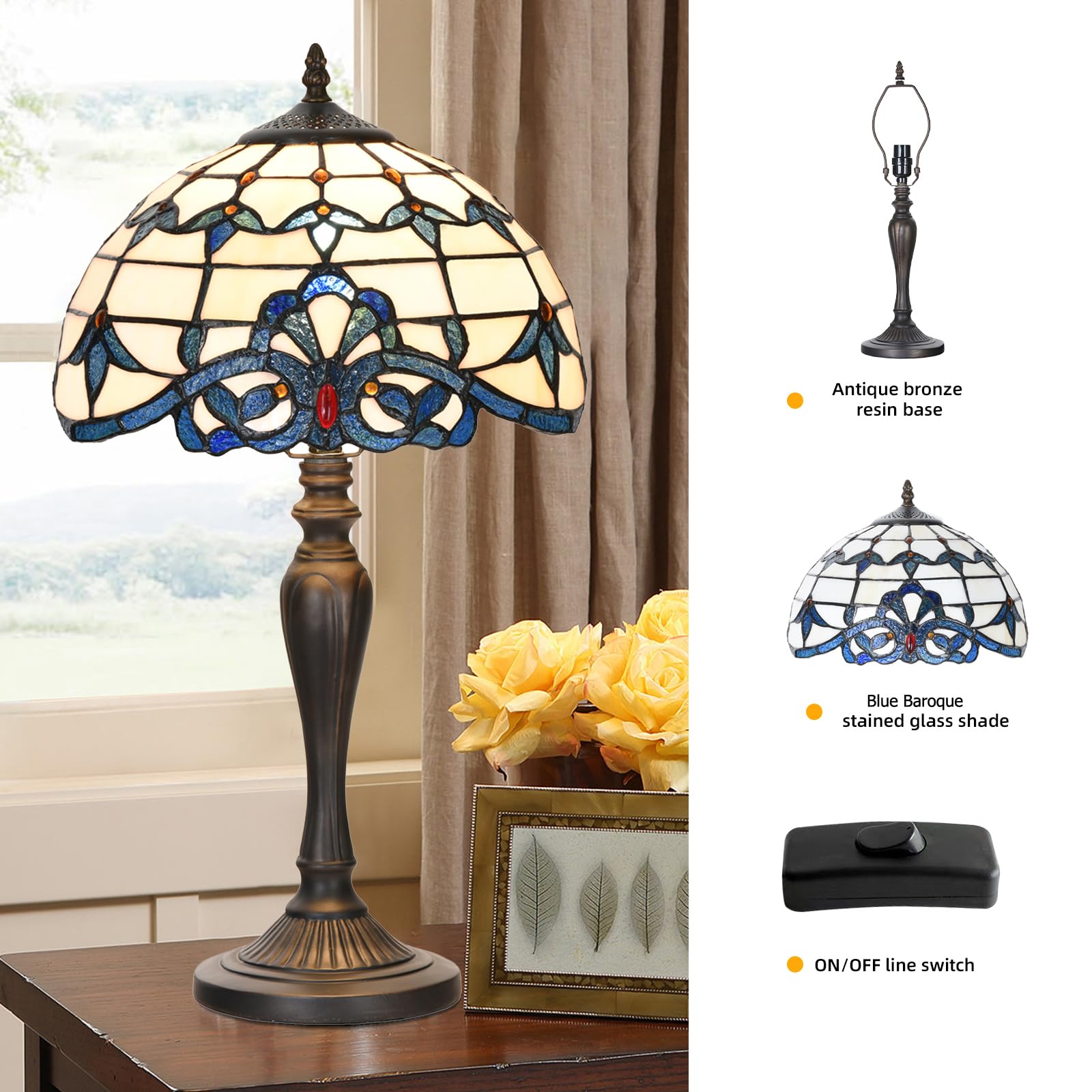Homebeauty Tiffany Table Lamp Bedside Stained Glass Lamp Blue Baroque Reading Desk Light 12X21.5 Inches For Bedroom Living Room