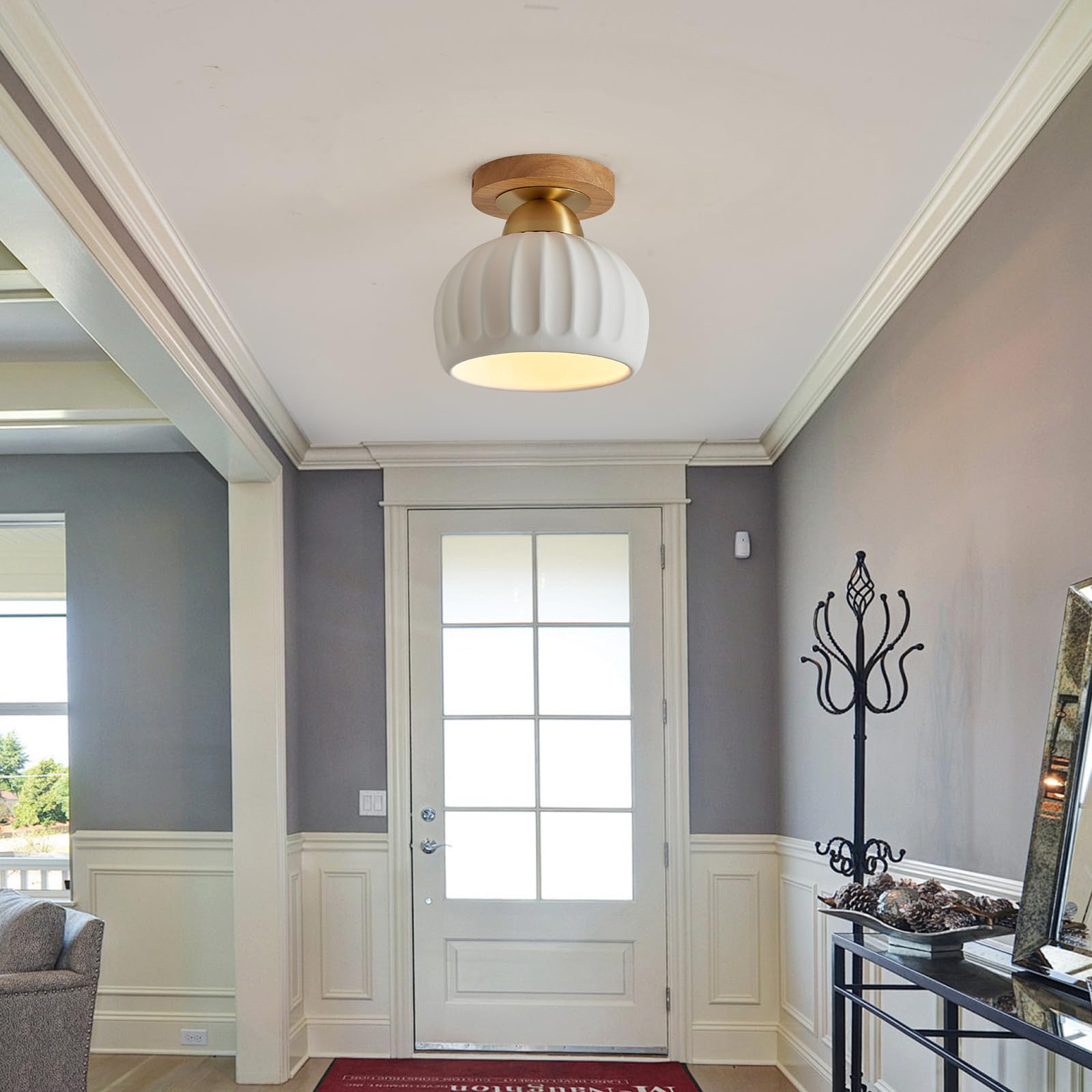 Fetason 2 Pack Vintage Gold Ceramic Flush Mount Ceiling Lights, Wood Brass, YY910, Modern Fixtures for Dining Room & Hallway