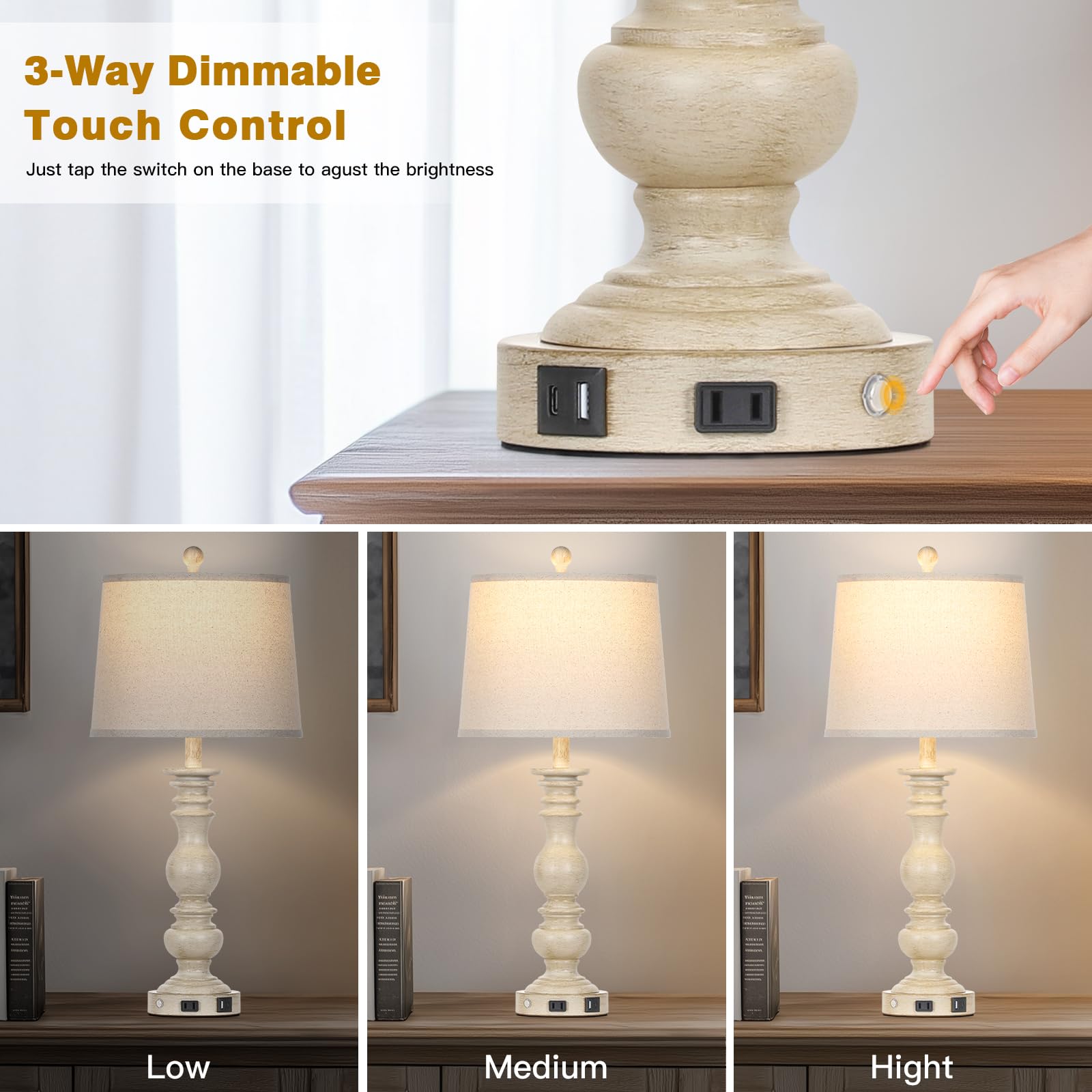 Cinkeda 28" Farmhouse Table Lamps Set of 2 - 3-Way Dimmable Touch, USB Ports, Beige, Model TD-CK
