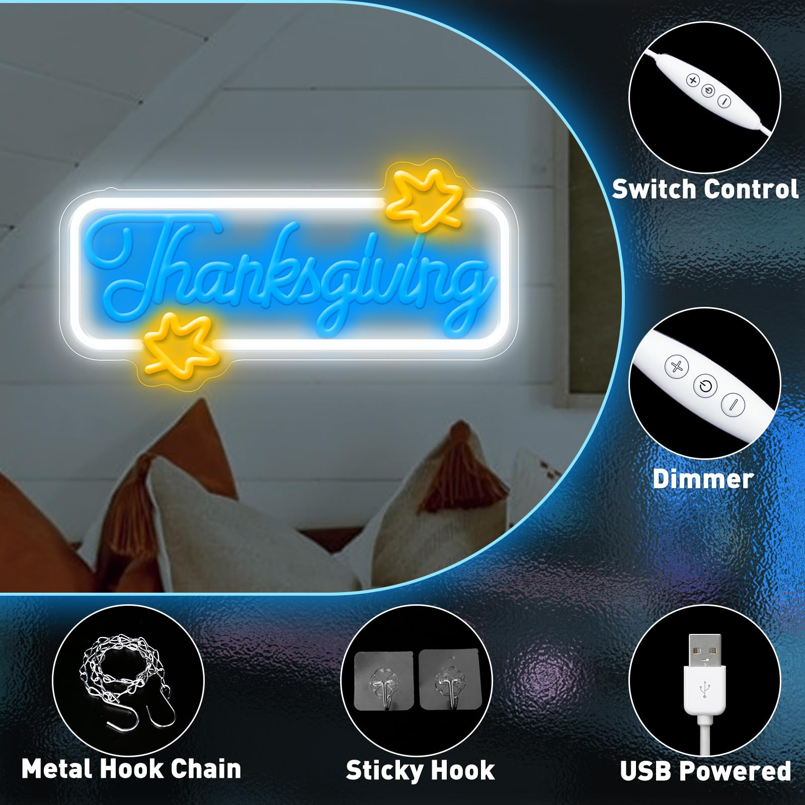Thanksgiving Neon Sign  Thanksgiving Happy Wall Window Art Decoration Festival Celebration  Dimmable Usb Powerd Thanksgiving Neon Led Sign Autumn Thanksgiving Party Harvest Blessd 15.7?7.9 Inch