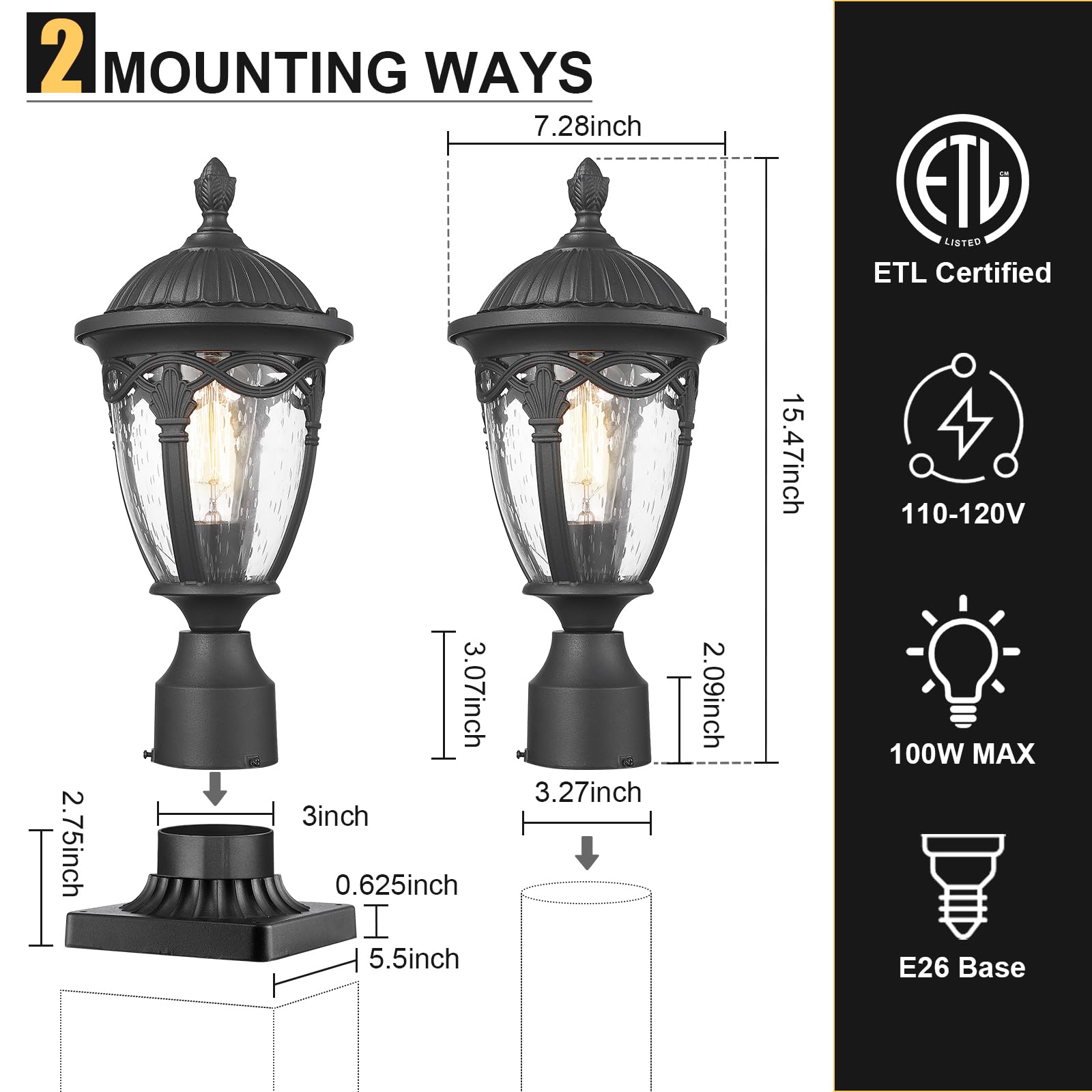 Luminzone Outdoor Post Light Exterior Post Sconce Modern Pole Lantern Outdoor Lamp Post Light With Seeded Glass In Black Finish