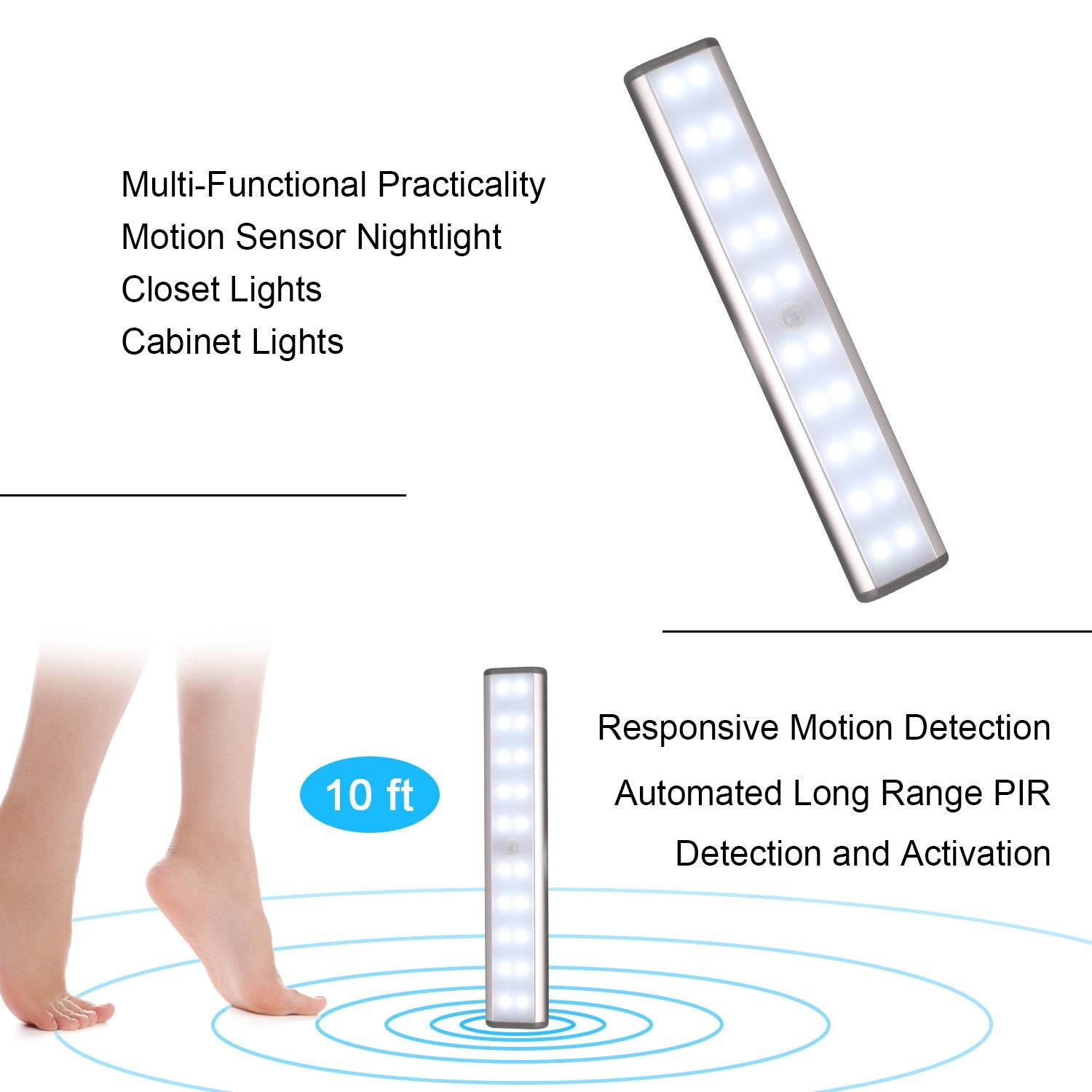 Stick-On Anywhere Portable Closet Lights Wireless 20 Led Under Cabinet Lighting Motion Sensor Activated Build in Rechargeable Ba