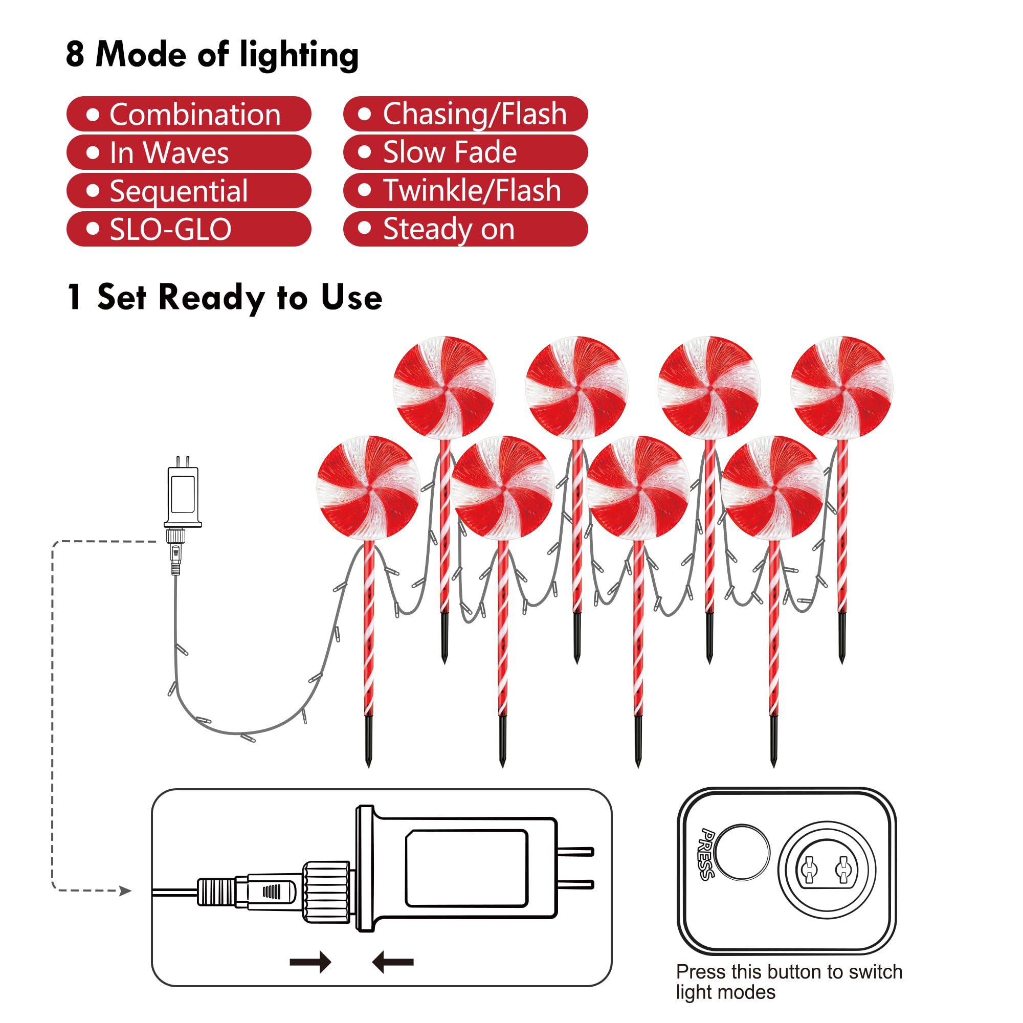8PK 28inch 230LED 8 Modes Christmas Lollipop Pathway Light Outdoor Christmas Decorations Flickering Outdoor Christmas Pathway Li
