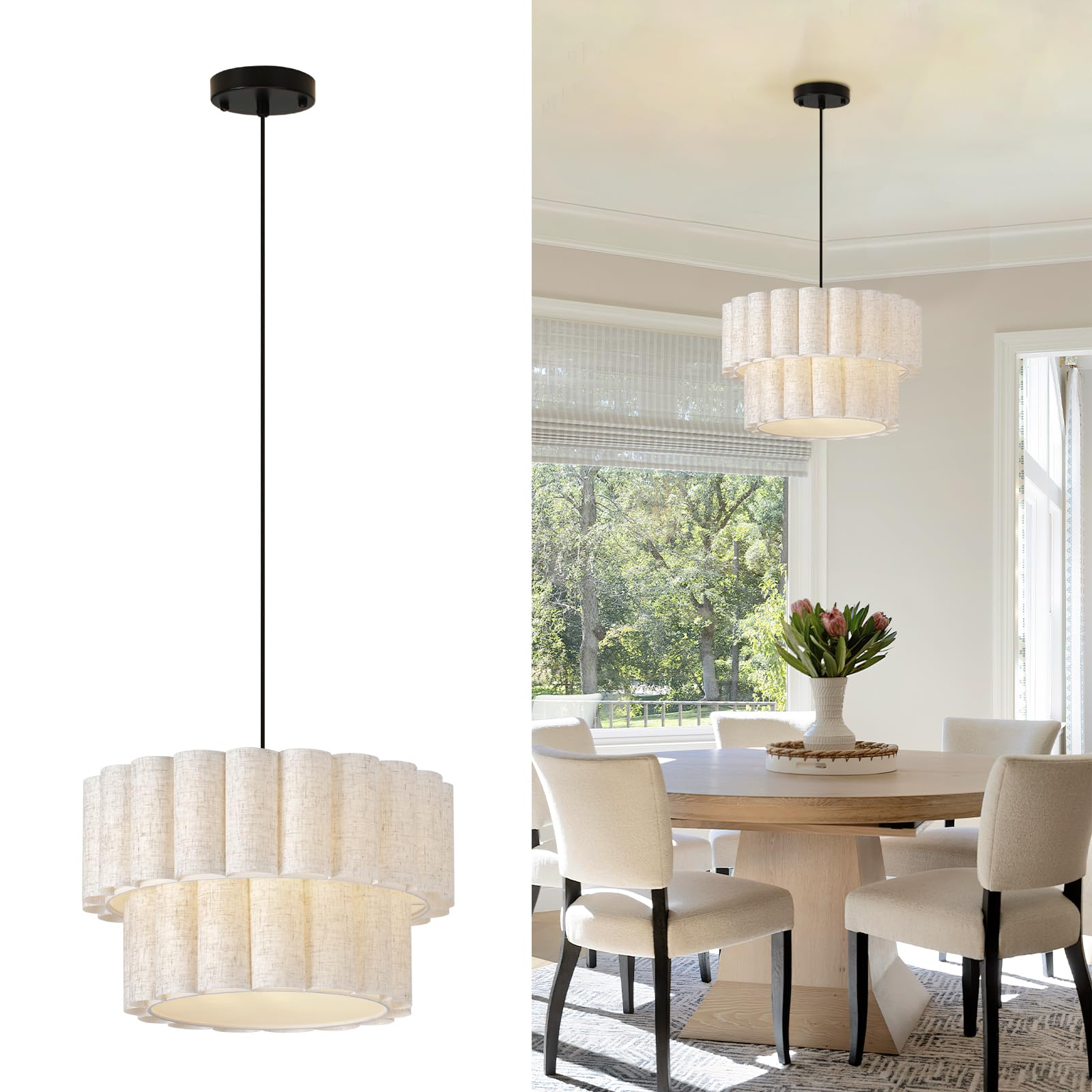 HILUXIA 16 Inch Wavy Linen Chandelier Modern Pendant Light Fixture, Rustic Fabric Hanging Ceiling Lamp for Dining Room, Kitchen 