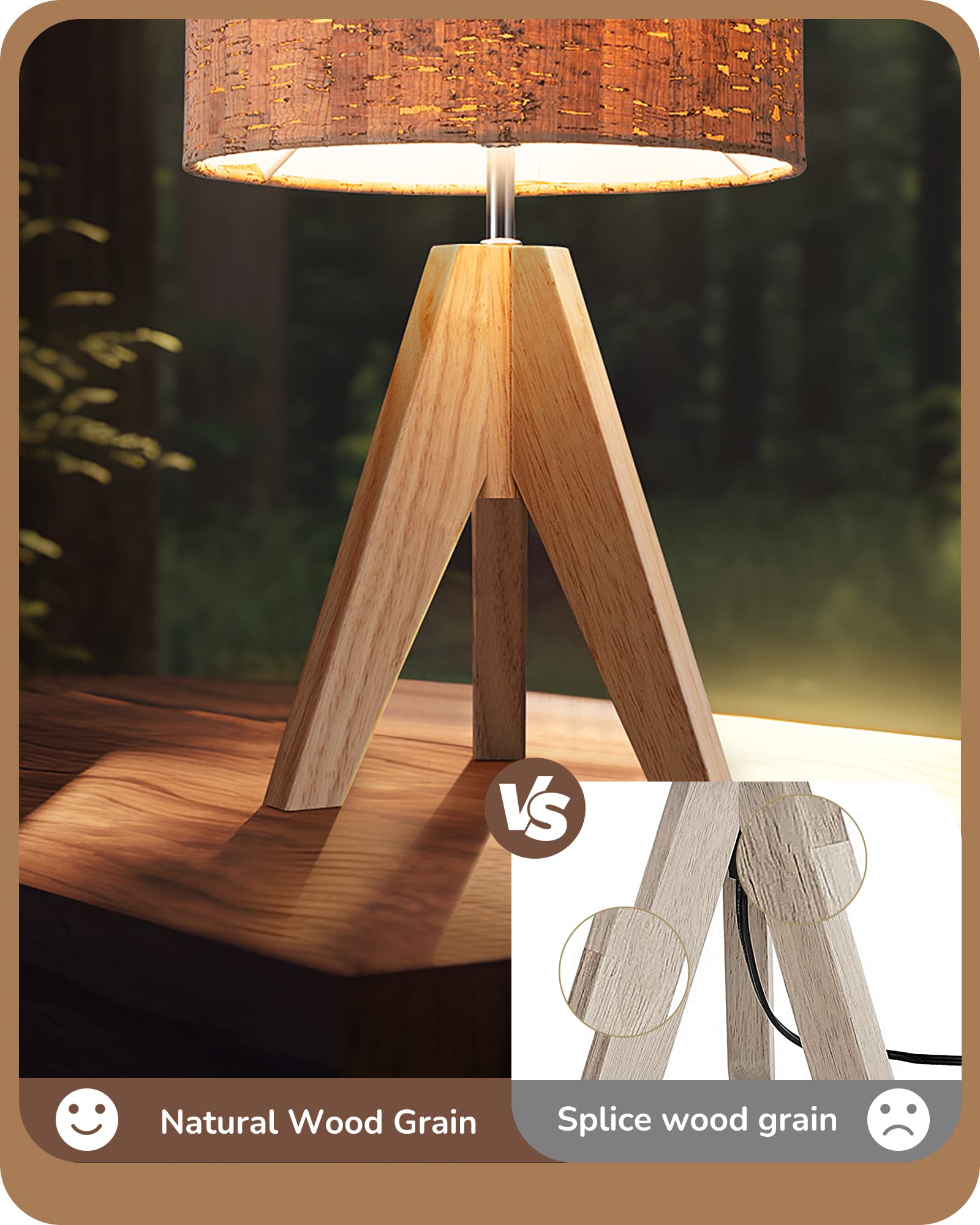 Edishine Small Table Lamp, Wooden Tripod Nightstand Lamp With Bark Linen Shade, Farmhouse Bedside Lamp For Nursery, Bedroom, Kid