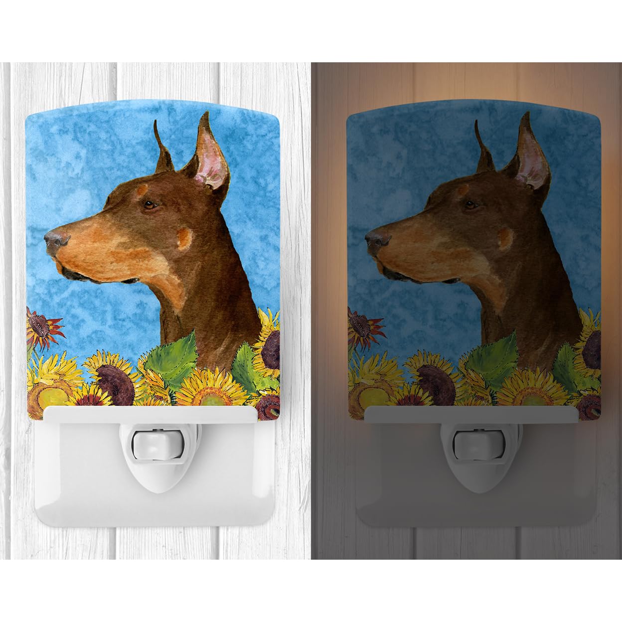 Caroline'S Treasures Ss4237Cnl Doberman In Summer Flowers Ceramic Night Light Compact, Ul-Certified, Ideal For Bedroom, Bathroom, Nursery, Hallway, Kitchen, 6X4X3, Multicolor