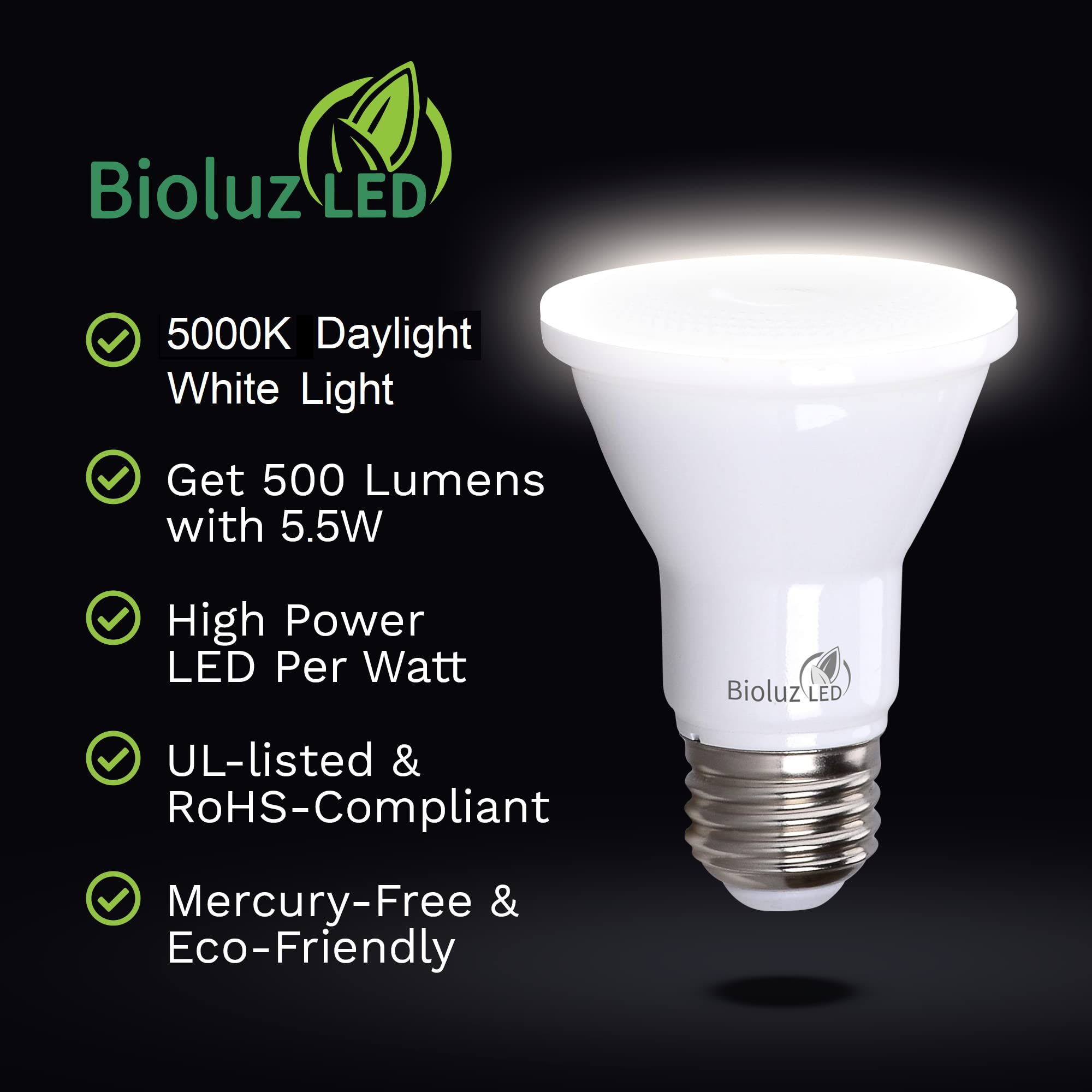 Bioluz LED PAR20 Bulbs 5000K 90 CRI 5.5W Dimmable 500 Lumen - 8 Pack Daylight