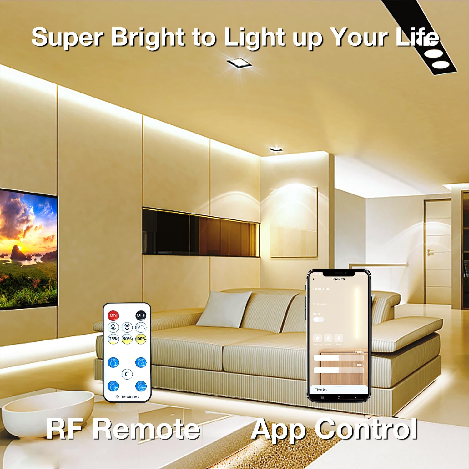 Daybetter Cob Led Strip Lights With Remote, App Control,32.8Ft 4000K Dimmable Ultra Bright Natural White Cob Light Strip, Cob Le