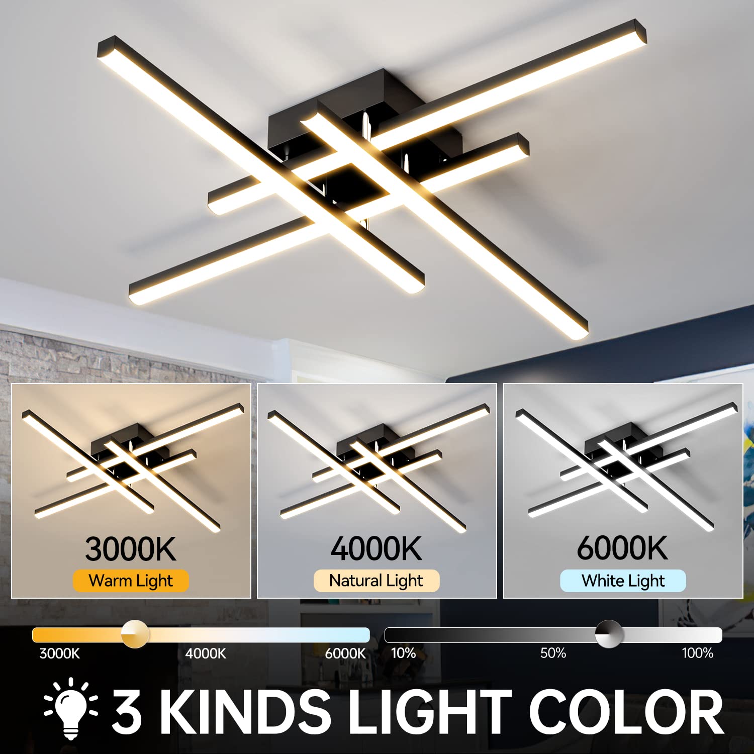 JFHTNFJ Modern Sputnik Ceiling Light Fixture 40w LED Dimmable with Remote Control Ceiling Lighting Black Flush Mount Chandelier