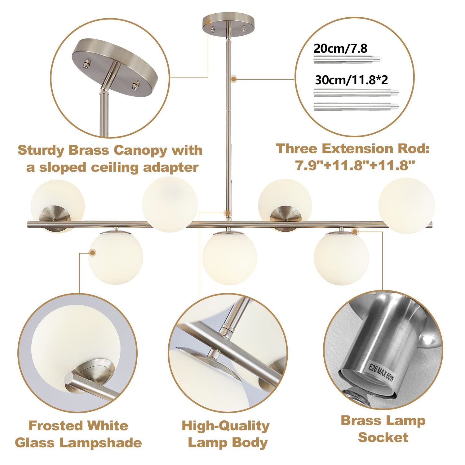 KCO Lighting Modern Silver Chandelier, Sputnik Pendant Light, Frosted Globe Glass, Adjustable Ceiling Light for Dining Room, Living Room, Kitchen