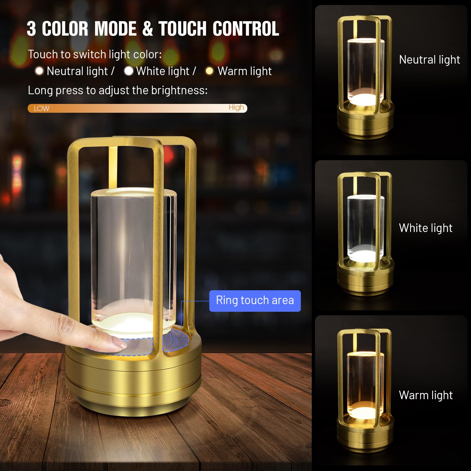 Cordless Table Lamp For Outdoor Indoor, Portable Metal Desk Lamp, Rechargeable Led Crystal Lantern Lamp, 3 Color Stepless Dimming Touch, Battery Powered Table Light For Bedroom Restaurant (Gold)