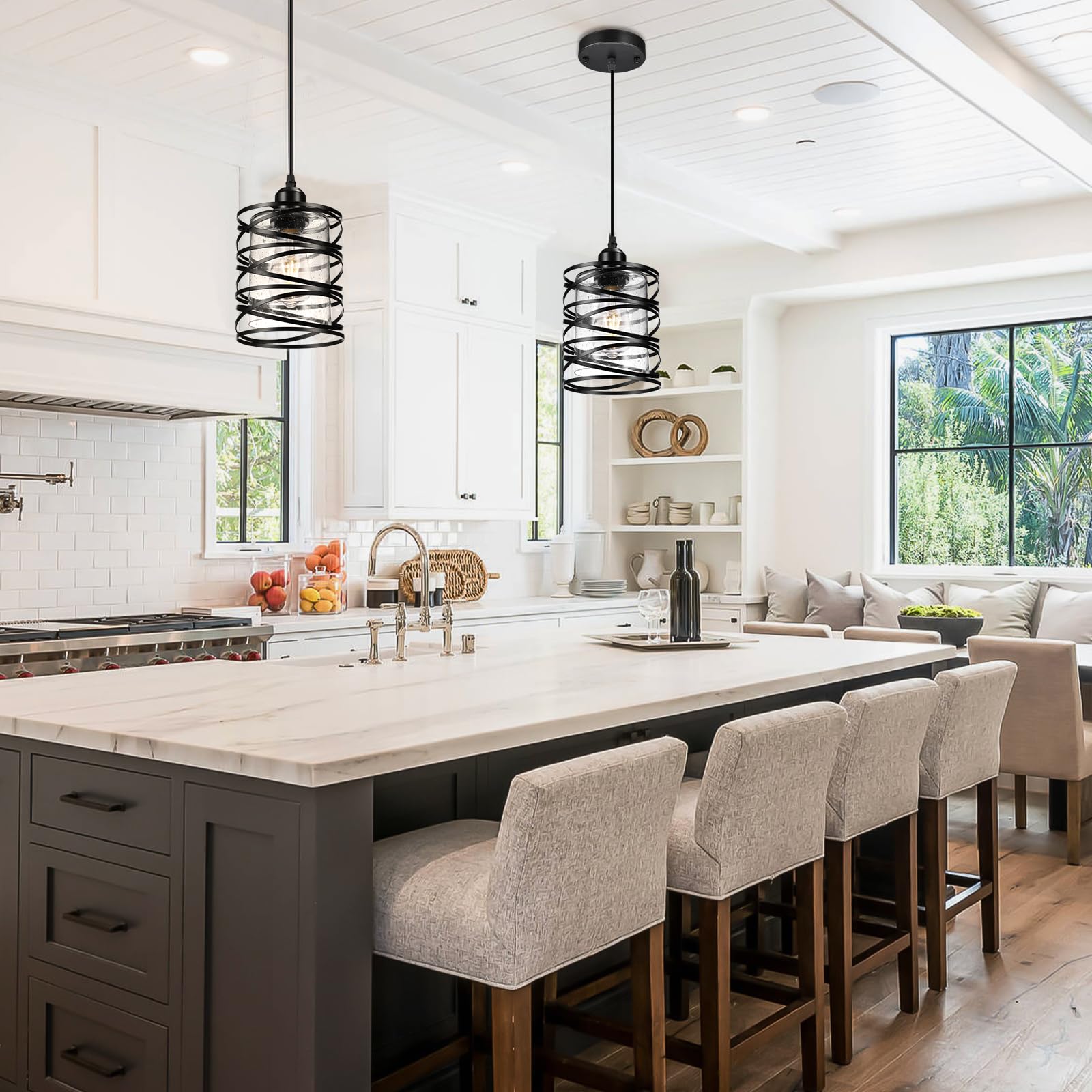 Glitnous 3-Pack Industrial Pendant Lights, Black Seeded Glass, Adjustable Kitchen Lighting, Model BE6110