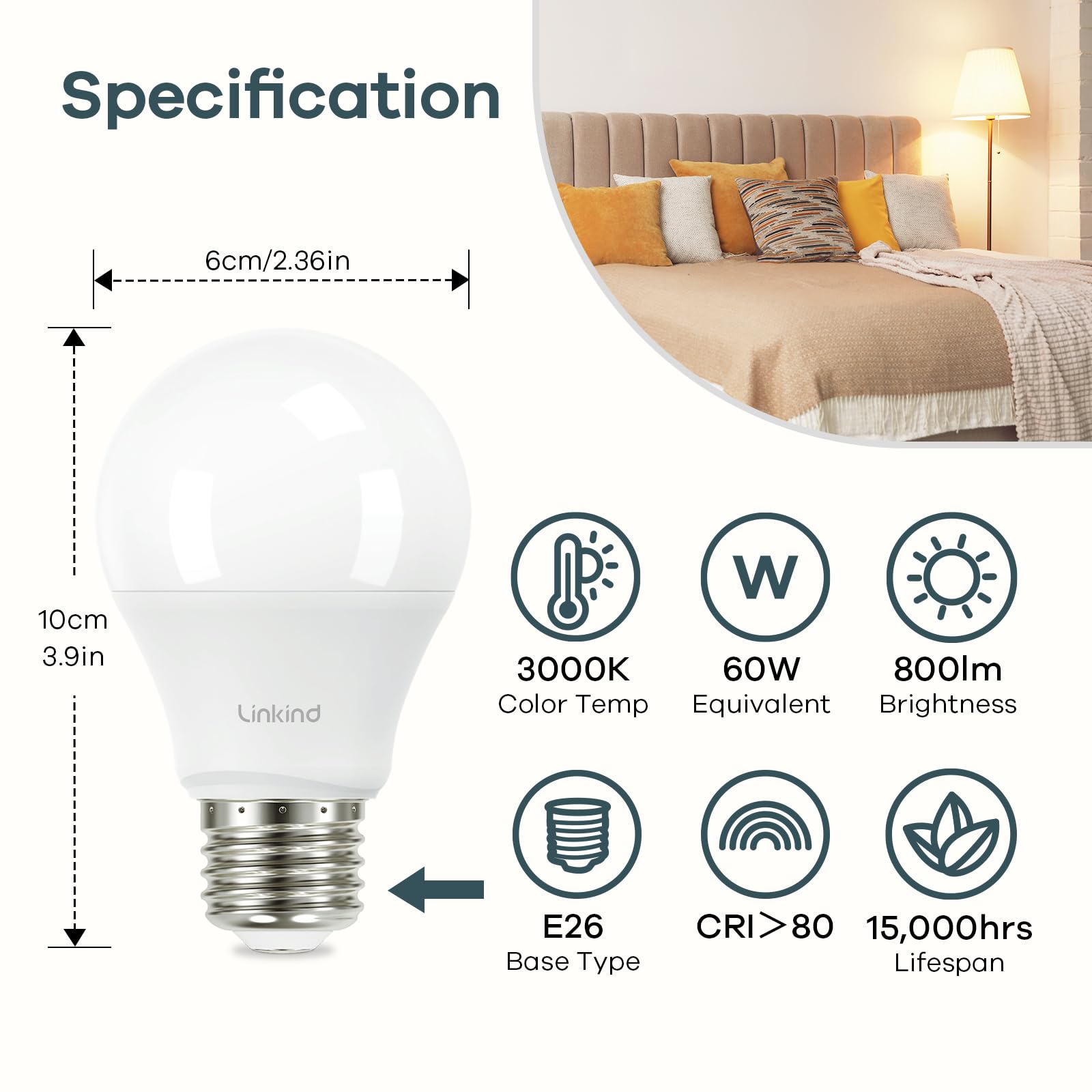 Linkind A19 Led Light Bulb, 60W Equivalent Light Bulbs, 9W 3000K Warm White, 800 Lumens Non-Dimmable Led Bulb, E26 Standard Base
