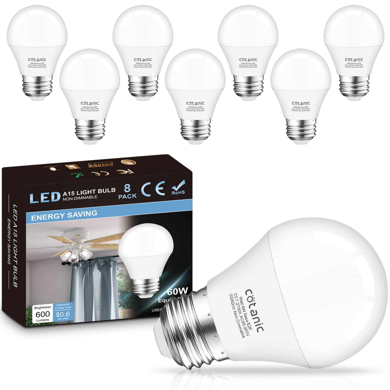 Cotanic 8 Pack Led Ceiling Fan Light Bulbs 2700K Warm White, A15 Small Bulb E26 Medium Screw Base, 6W Chandelier Light Bulb 60W 