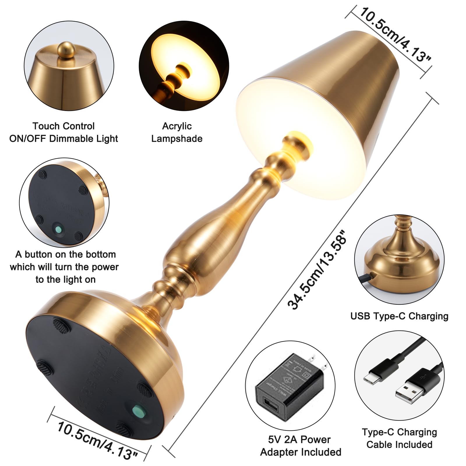 Cordless Rechargeable Table Lamp,5000Mah Battery Operated Lamps Cordless, Portable Small Brass Desk Lamp,3 Color Touch Stepless
