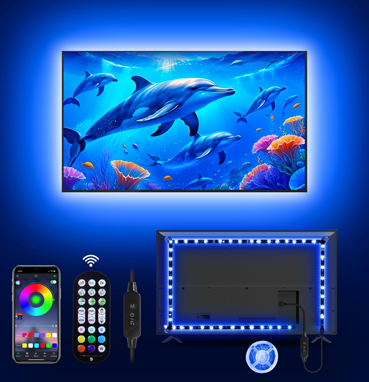 MATICOD LED Strip Lights for TV, 13.1ft RGB, Music Sync, Bluetooth Remote, USB Powered, for 45in-60in TVs, Multicolor