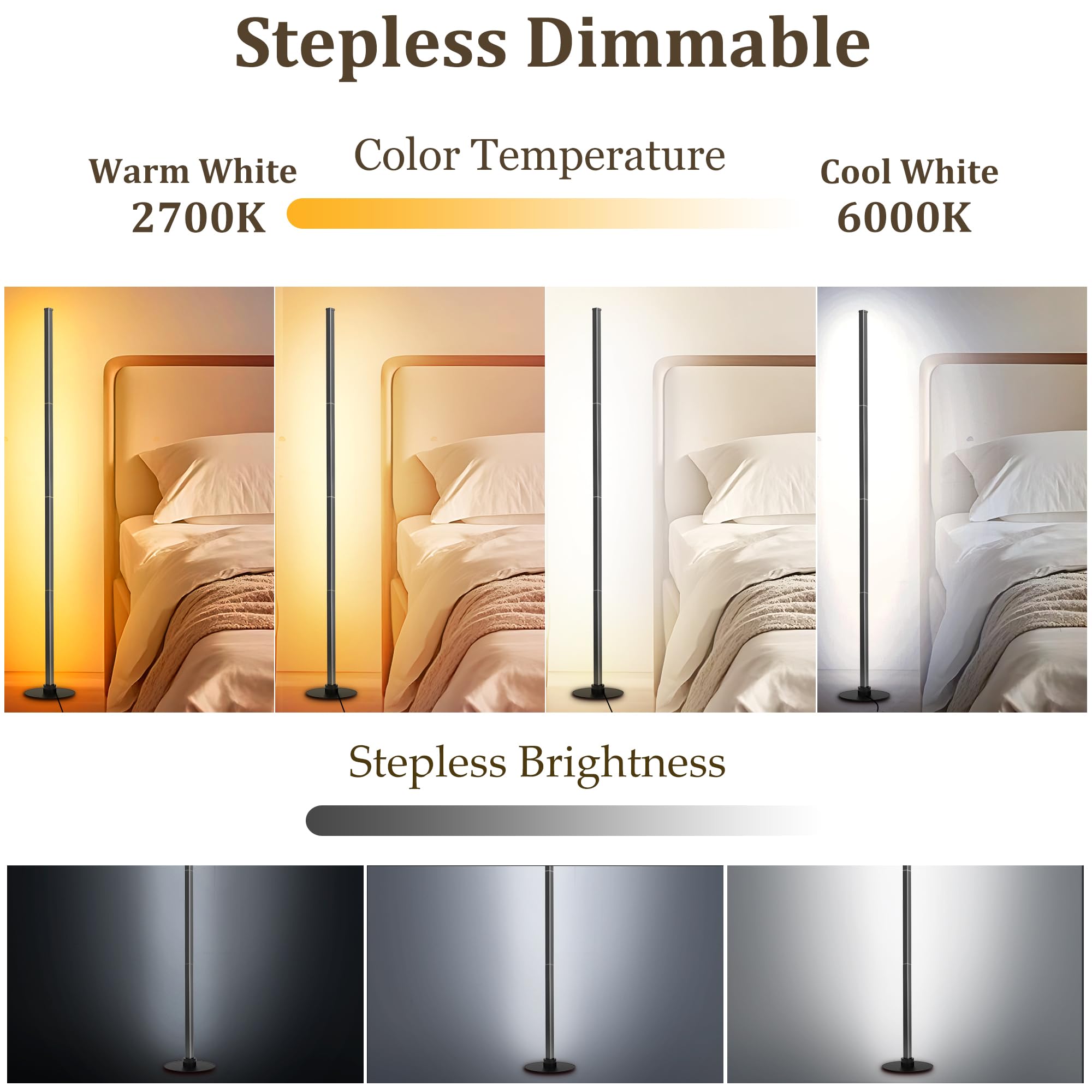 PMS 63 Modern Metal Floor Lamp, Warm to White Color Changing Standing Lamp, Stepless Dimmable Brightness Corner Lamp with APP &
