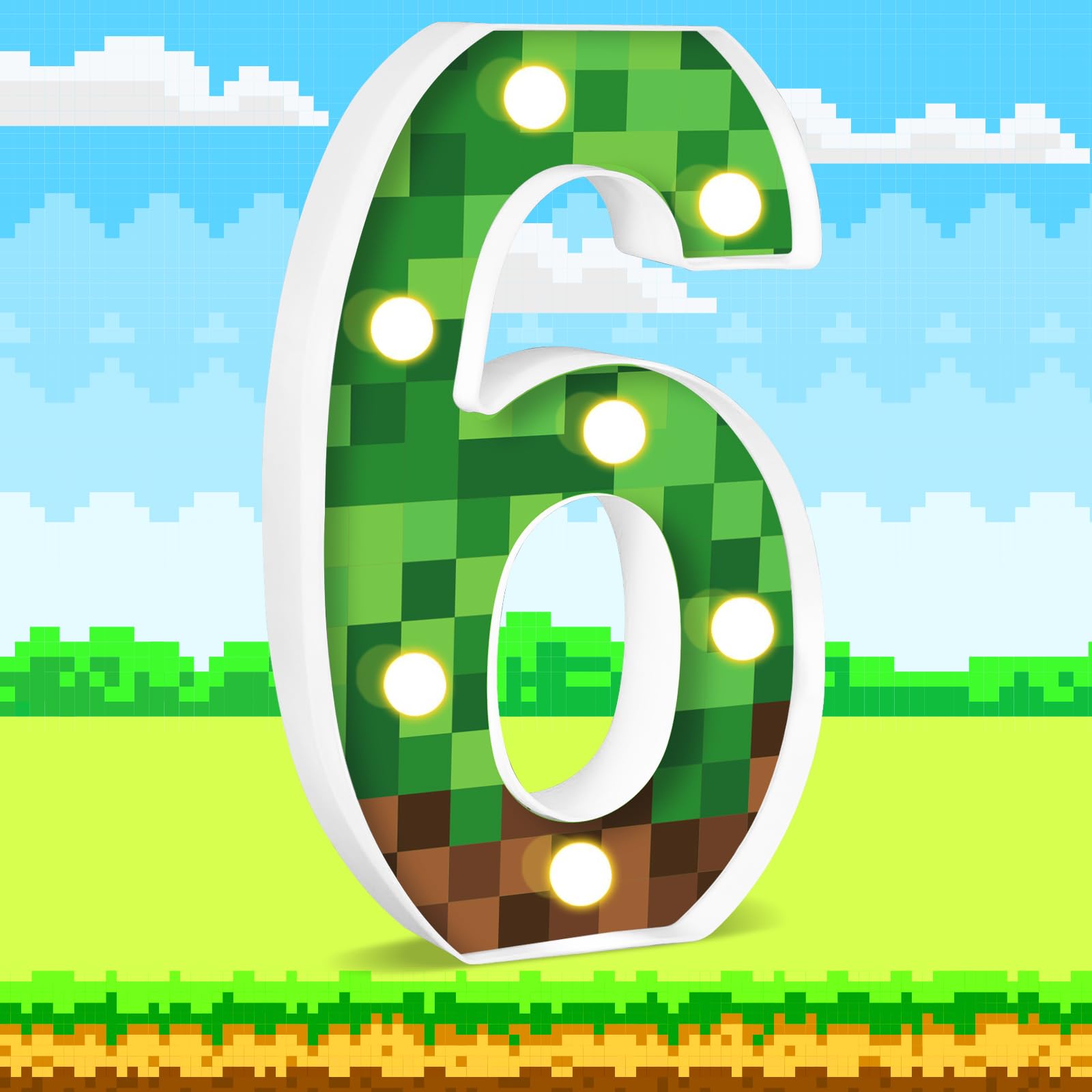 AXBMM Pixel Game Birthday Decorations Light Up Sign, Number 6, Green/Brown, PP Plastic, LED, Model XY-371