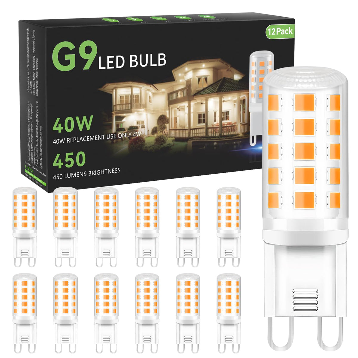 Tjoy 12 Pack G9 Led Bulb 4W, 40 Watt Equivalent, 2700K Soft Warm White, Replacement For T4 G9 Halogen, Bi-Pin Base Small Light B