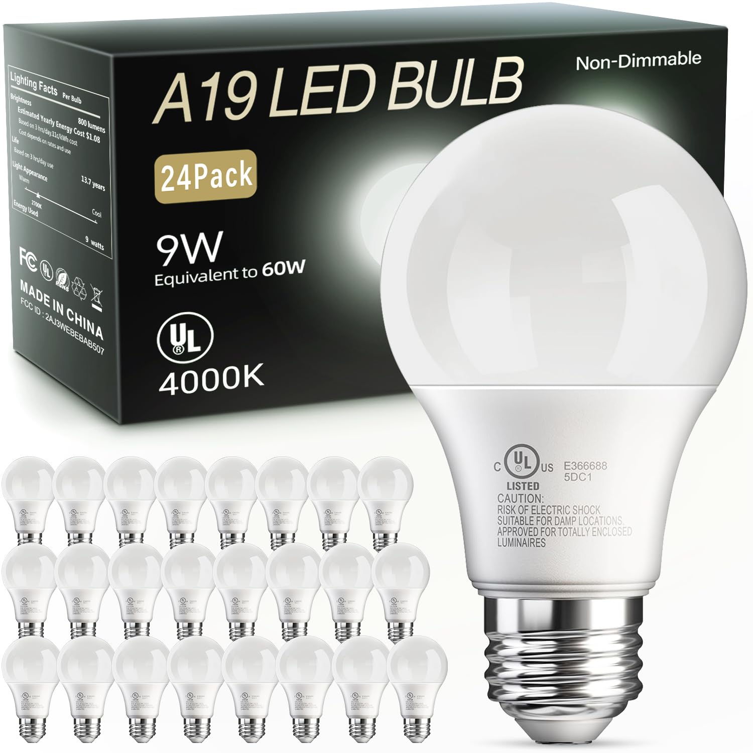 Tjoy 24 Pack A19 Led Light Bulbs, 60 Watt Equivalent, Efficient 9W, Cool White 4000K, E26 Standard Base, Neutral White Light Bul