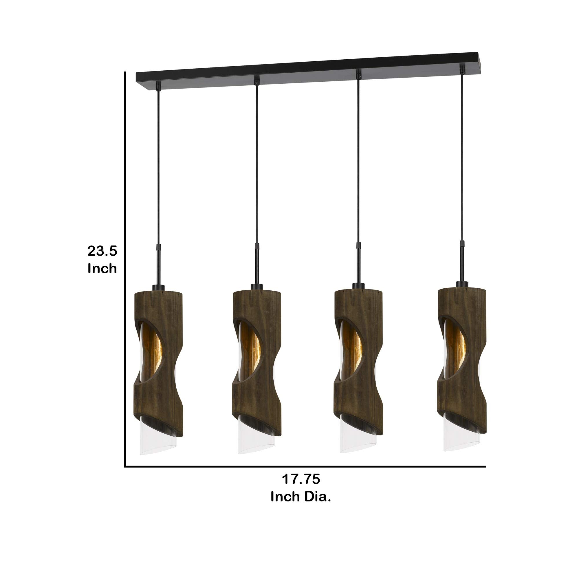 Benzara 4 Light Pendant Fixture, Metal Frame, Wooden & Glass Shades, Brown, Model BM225000