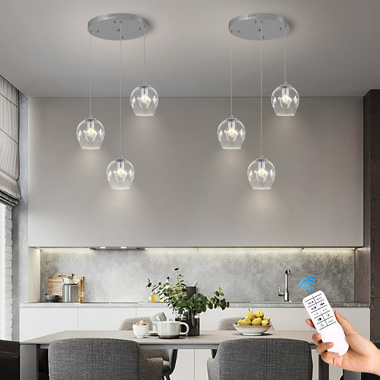 3-Light Silver Chandelier With Led Bulbs & Clear Glass Shade Ceiling Light Pendant Light For Kitchen Island, Dining Room, Living