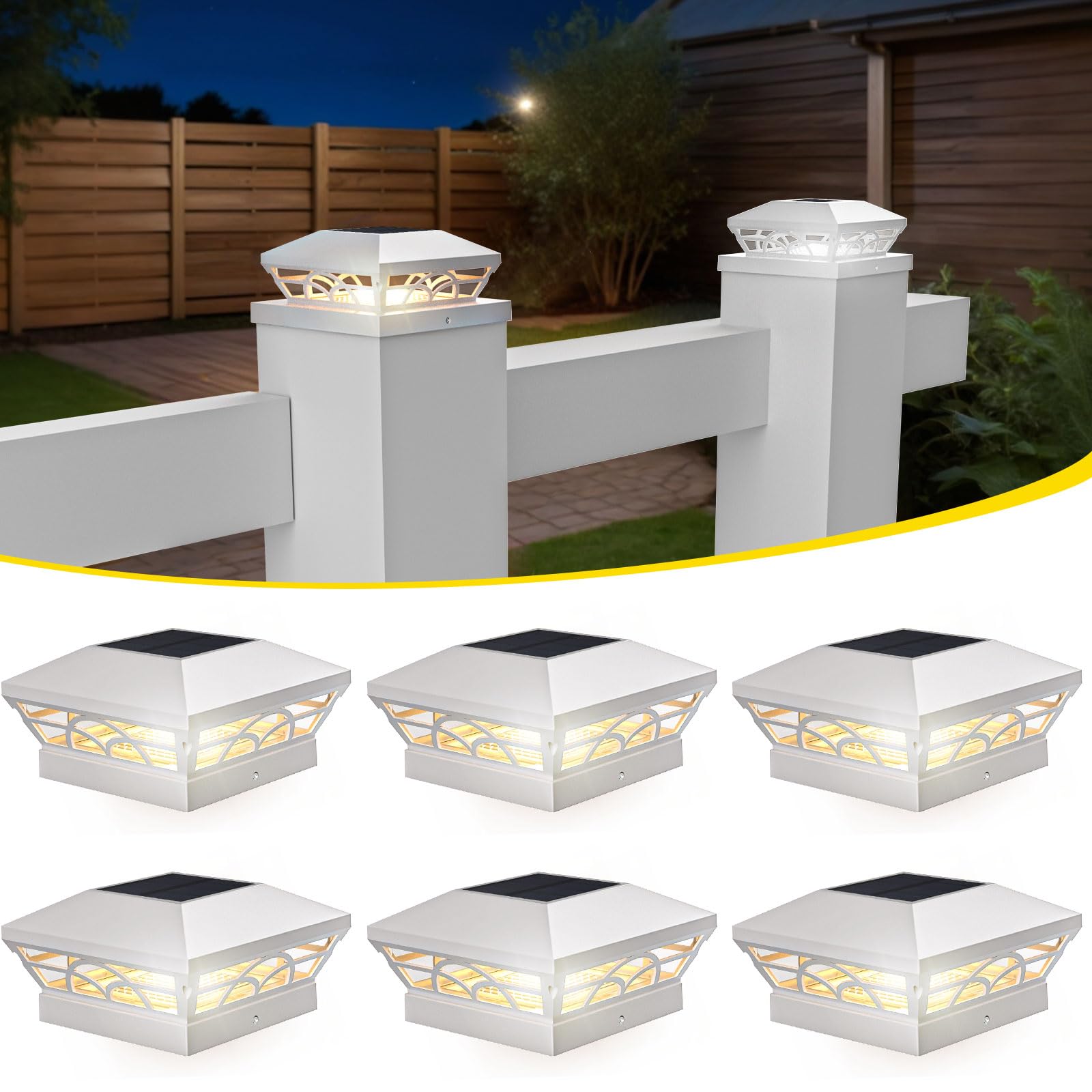 T-SUN Solar Post Cap Lights 6 Pack - Outdoor Waterproof Fence Lights for 3.5x3.5 4x4 5x5 5.5x5.5 Wood/Vinyl Posts  with 2 Brightness Modes Solar Deck Light for Patio  Garden  Porch(White)