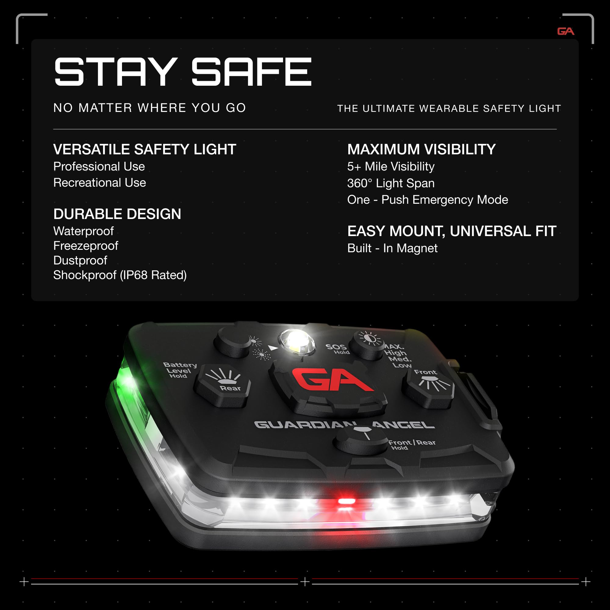 Guardian Angel Elite Series Safety Light (White Front & Green/Yellow Rear) - Rechargeable, Magnetic, Wearable & Mountable Led Fl
