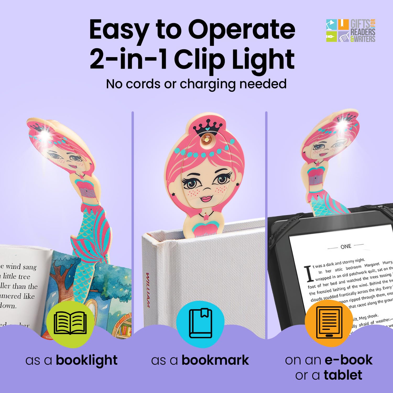 Gifts for Readers & Writers Bookmark Reading Light Mermaid Teal - 2in1 Clip On Bookmark Kids Book Light for Reading Night in Bed