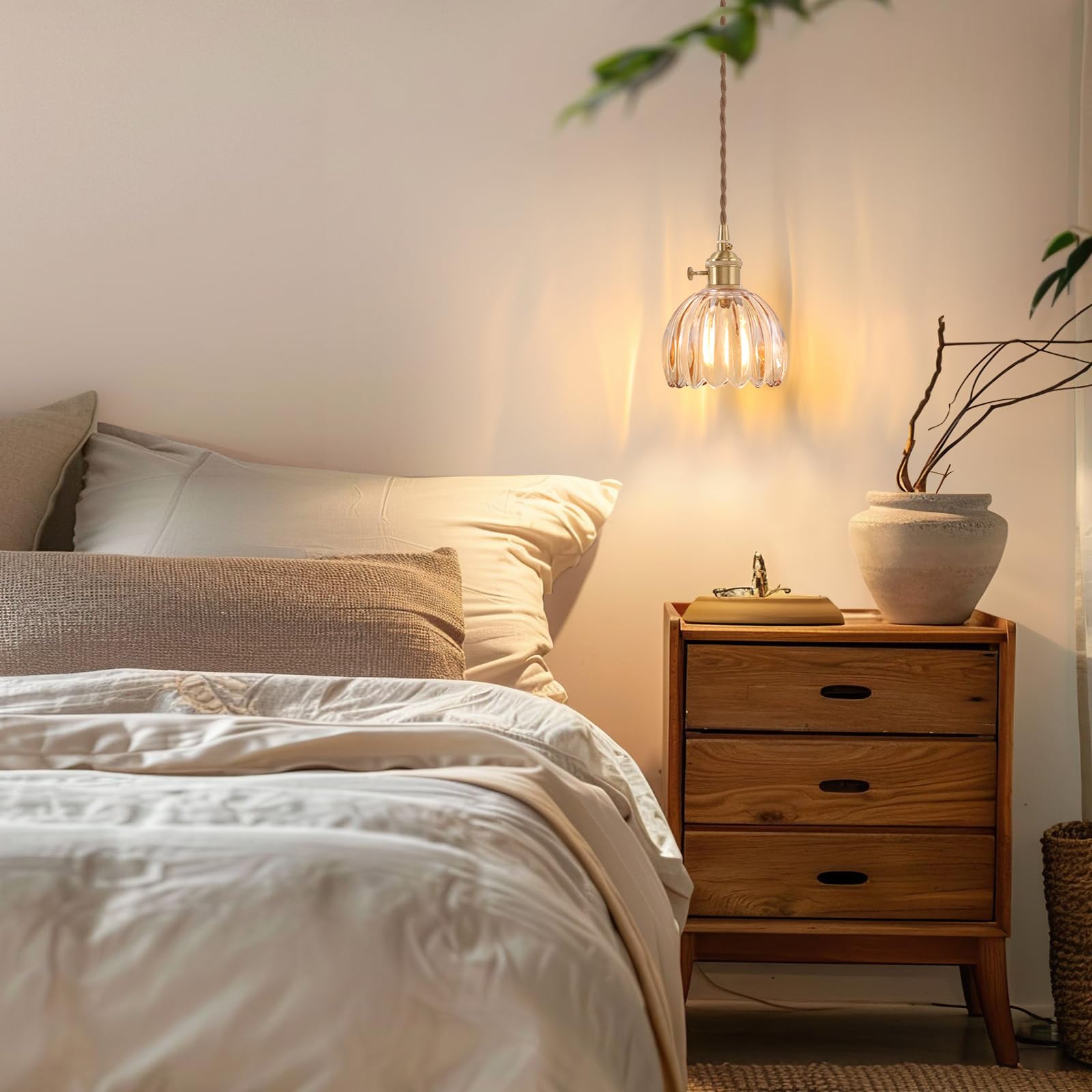 Shenmoyl Mini Pendant Light With Amber Tulip Glass Lmapshade, Brass Vintage Pendant Light Adjustable Hanging Light For Kitchen I